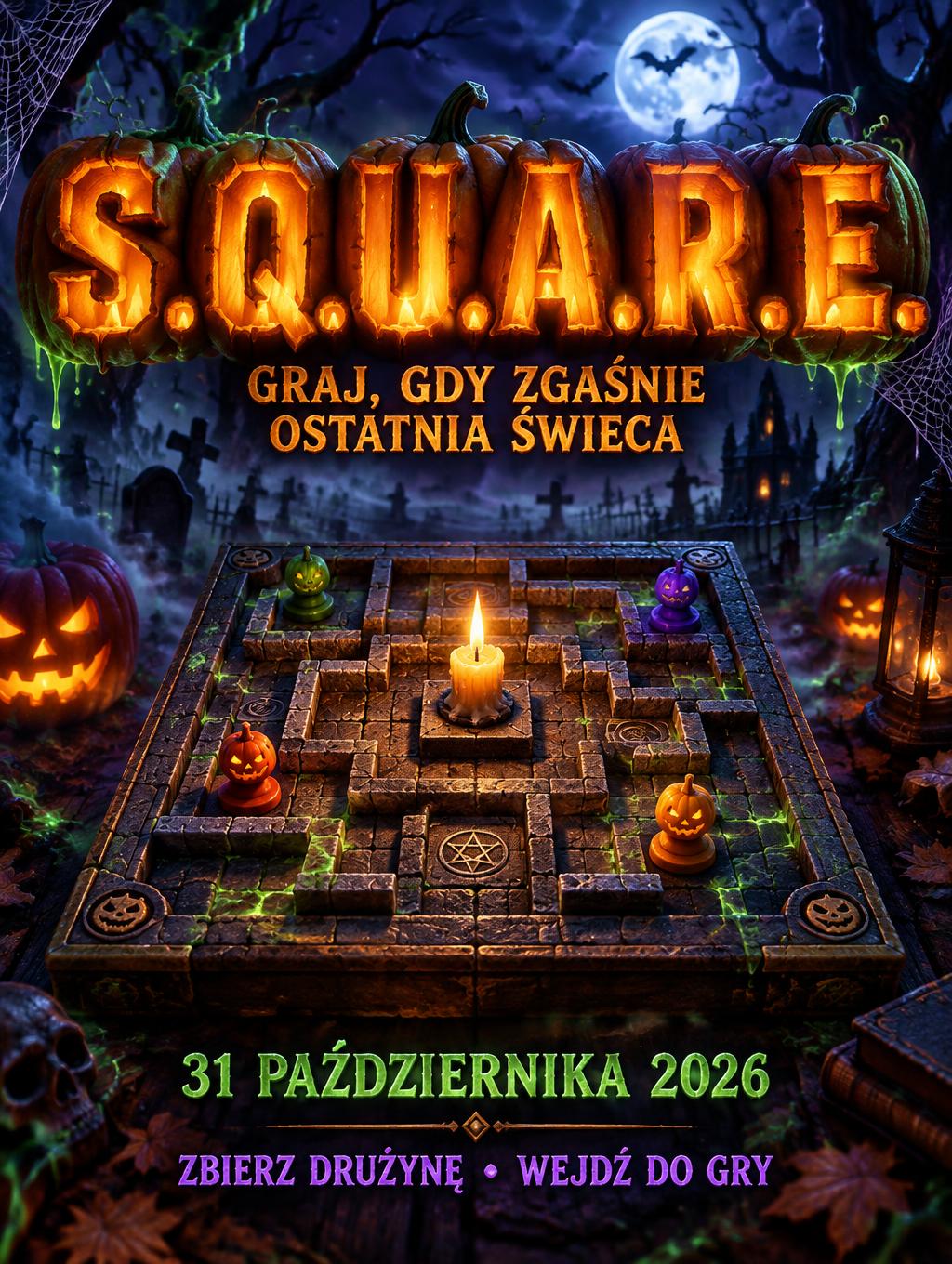 "S.Q.U.A.R.E.
GRAJ, GDY ZGAŚNIE OSTATNIA ŚWIECA
31 PAŹDZIERNIKA 2026
ZBIERZ DRUŻYNĘ • WEJDŹ DO GRY" — Halloween | AI Text Effect Generator