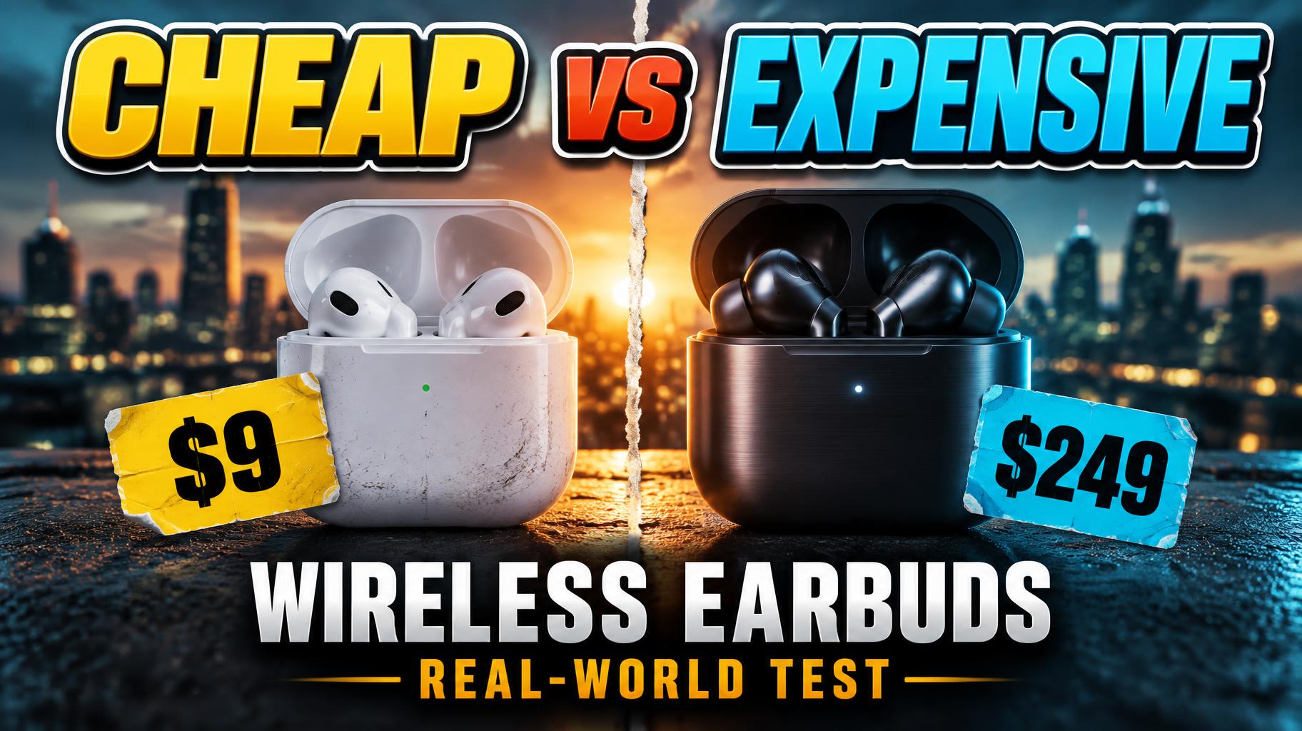 "CHEAP
VS
EXPENSIVE
$9
$249
WIRELESS EARBUDS
REAL-WORLD TEST" — Cinematic Youtube Creator | AI Text Effect Generator