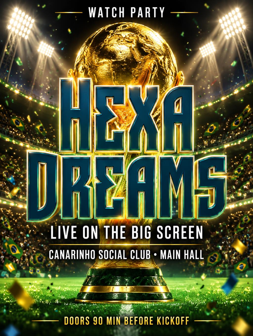 "Hexa
Dreams
WATCH PARTY
LIVE ON THE BIG SCREEN
CANARINHO SOCIAL CLUB • MAIN HALL
DOORS 90 MIN BEFORE KICKOFF" — Sports Football | AI Text Effect Generator