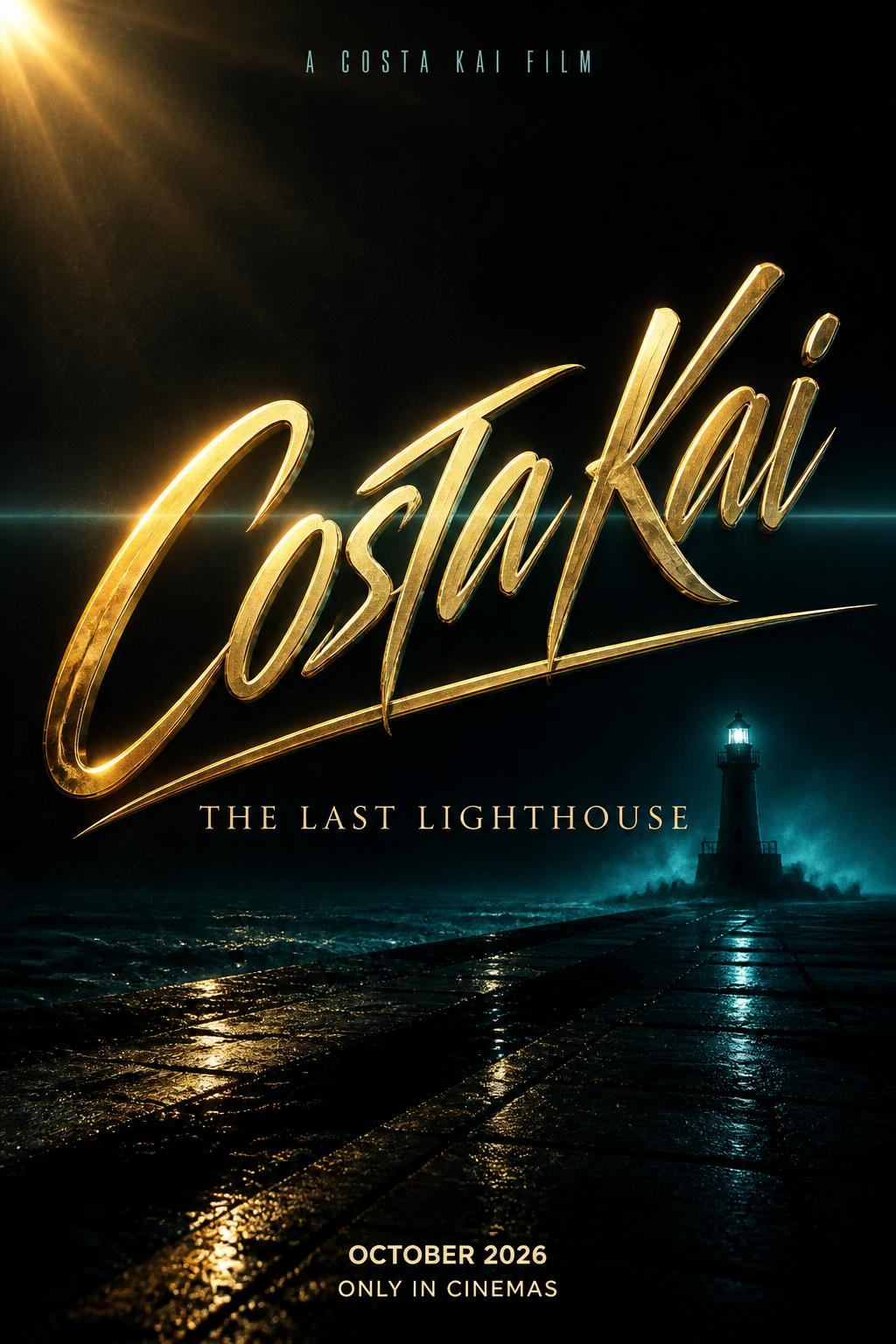 "COSTA KAI
A COSTA KAI FILM
THE LAST LIGHTHOUSE
OCTOBER 2026
ONLY IN CINEMAS" — Cinematic | AI Text Effect Generator