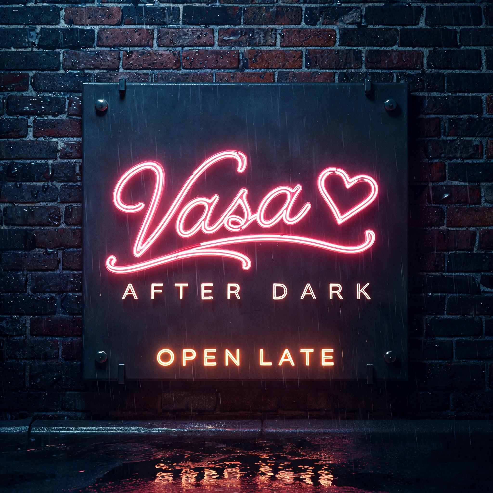 "Vasa🩷
AFTER DARK
OPEN LATE" — Neon Sign text effect