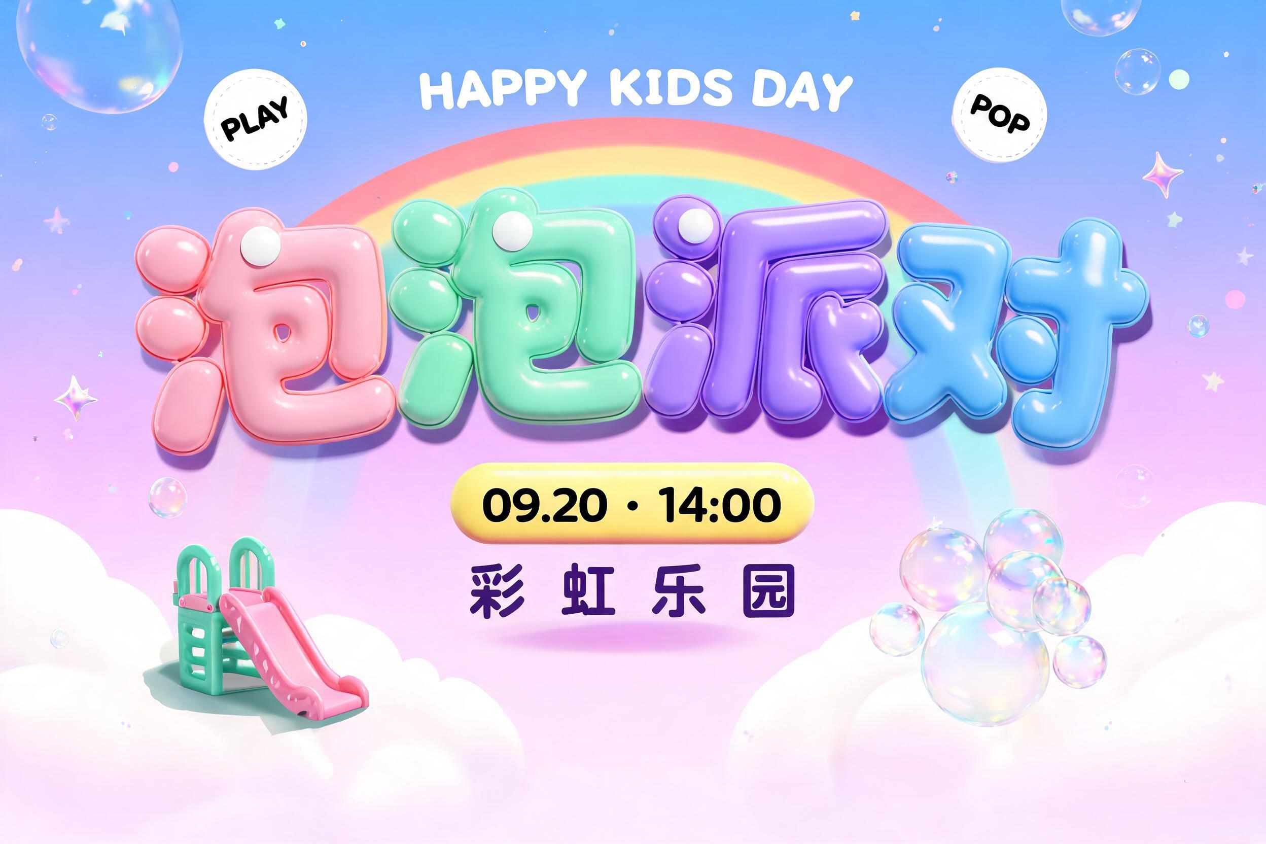 "泡泡派对
HAPPY KIDS DAY
09.20 · 14:00
彩虹乐园
PLAY
POP" — 3d Bold Inflated | AI Text Effect Generator