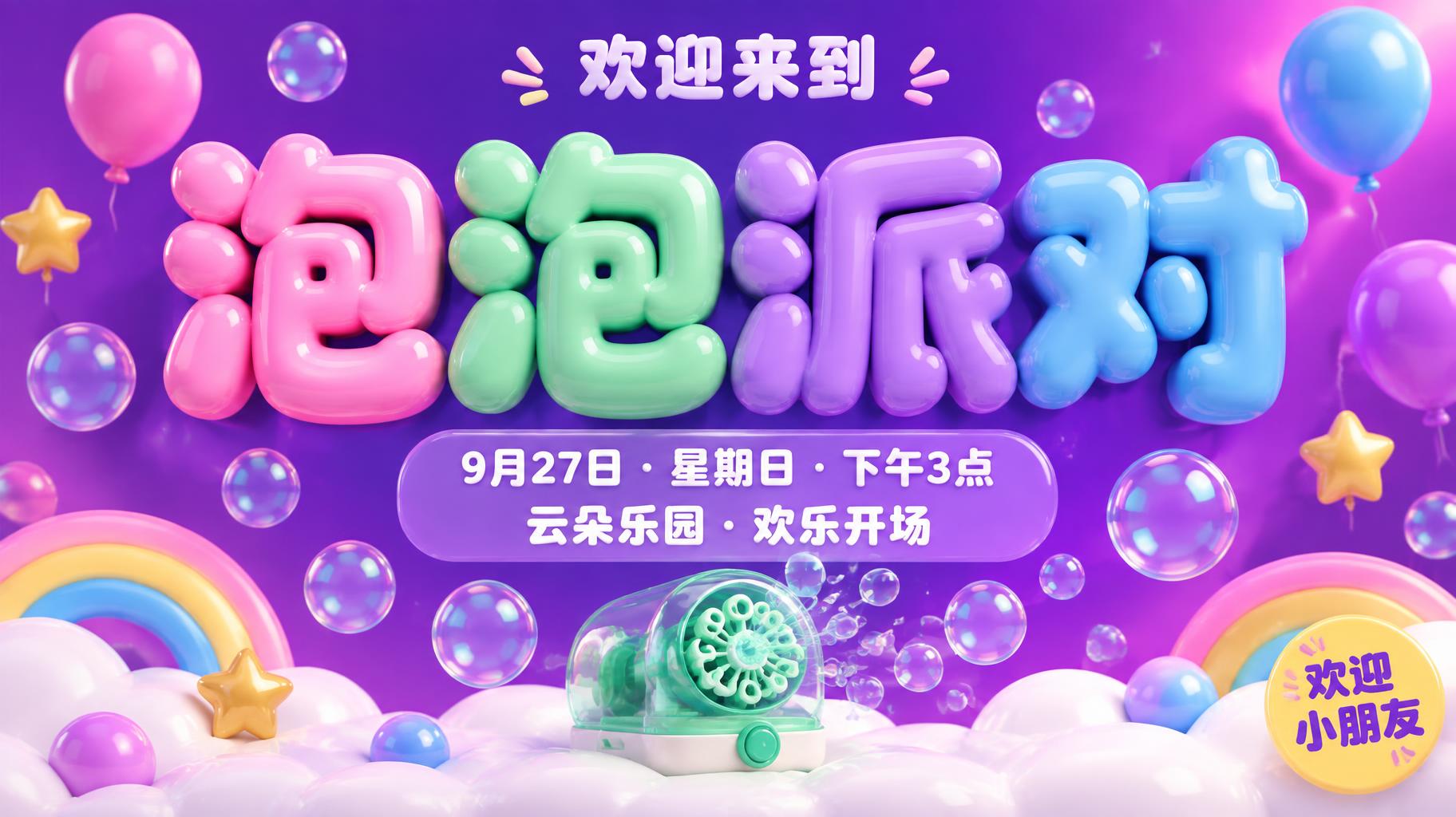 "泡泡派对
欢迎来到
9月27日 · 星期日 · 下午3点
云朵乐园 · 欢乐开场
欢迎小朋友" — 3d Bold Inflated | AI Text Effect Generator