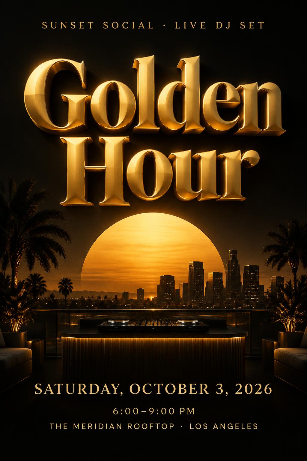 "Golden Hour
SUNSET SOCIAL · LIVE DJ SET
SATURDAY, OCTOBER 3, 2026
6:00–9:00 PM
THE MERIDIAN ROOFTOP · LOS ANGELES" — 3d Bold Gold | AI Text Effect Generator