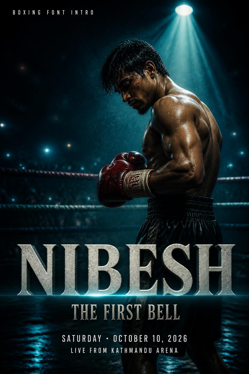 "NIBESH
BOXING FONT INTRO
THE FIRST BELL
SATURDAY • OCTOBER 10, 2026
LIVE FROM KATHMANDU ARENA" — Cinematic Netflix | AI Text Effect Generator