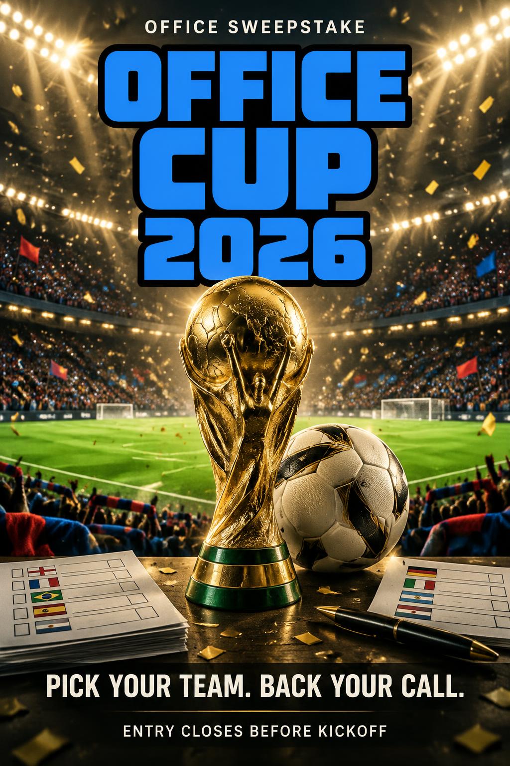 "OFFICE CUP
2026
OFFICE SWEEPSTAKE
PICK YOUR TEAM. BACK YOUR CALL.
ENTRY CLOSES BEFORE KICKOFF" — Sports Football | AI Text Effect Generator