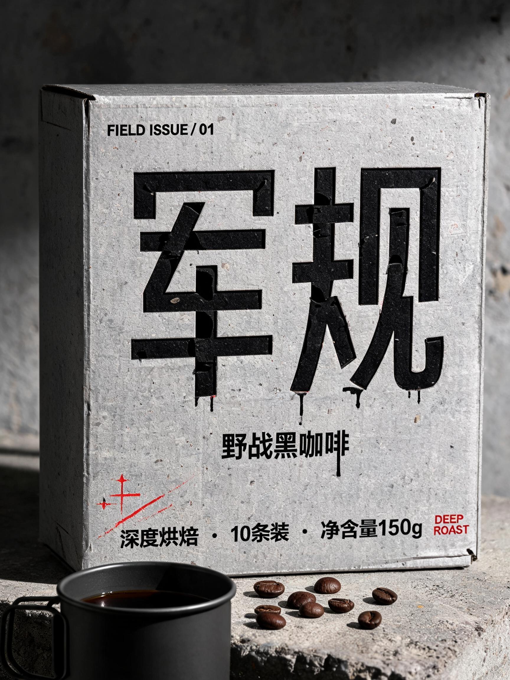 "军规
FIELD ISSUE / 01
野战黑咖啡
深度烘焙  ·  10条装  ·  净含量150g
DEEP ROAST" — Stencil text effect
