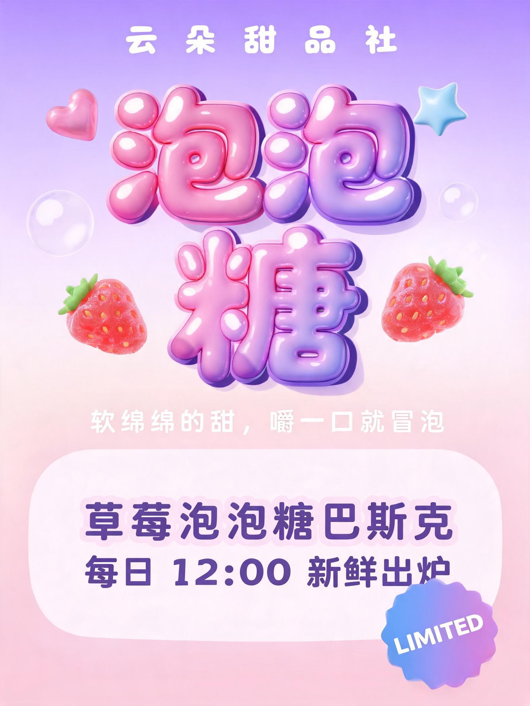 "泡泡糖
云朵甜品社
软绵绵的甜，嚼一口就冒泡
草莓泡泡糖巴斯克
每日 12:00 新鲜出炉
LIMITED" — Y2k Bubbly text effect
