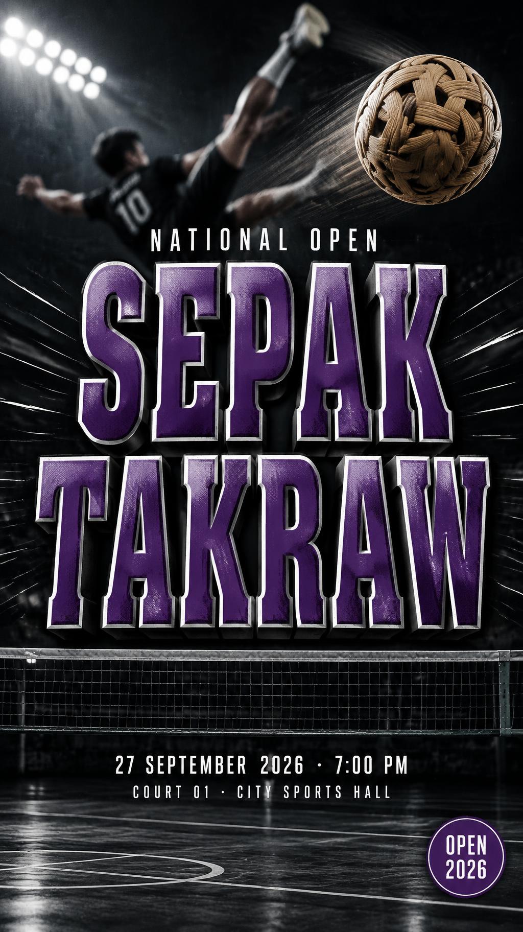 "SEPAK
TAKRAW
NATIONAL OPEN
27 SEPTEMBER 2026 · 7:00 PM
COURT 01 · CITY SPORTS HALL
OPEN 2026" — Sports | AI Text Effect Generator