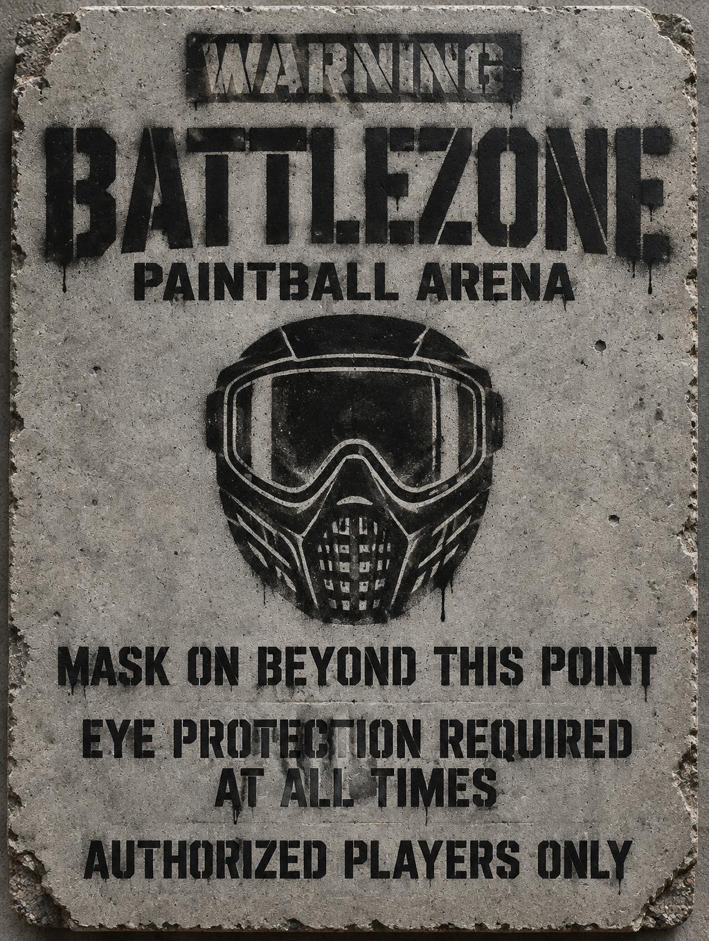 WARNING
BATTLEZONE
PAINTBALL ARENA
MASK ON BEYOND THIS POINT
EYE PROTECTION REQUIRED AT ALL TIMES
AUTHORIZED PLAYERS ONLY