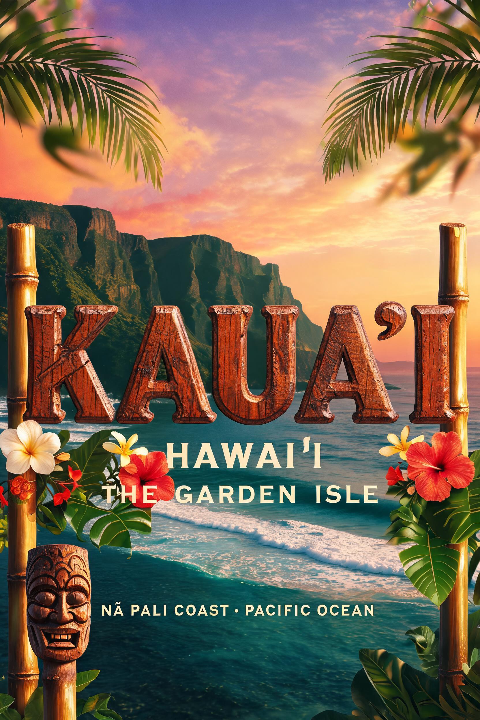 "KAUAʻI
HAWAIʻI
THE GARDEN ISLE
NĀ PALI COAST · PACIFIC OCEAN" — Hawaiian | AI Text Effect Generator