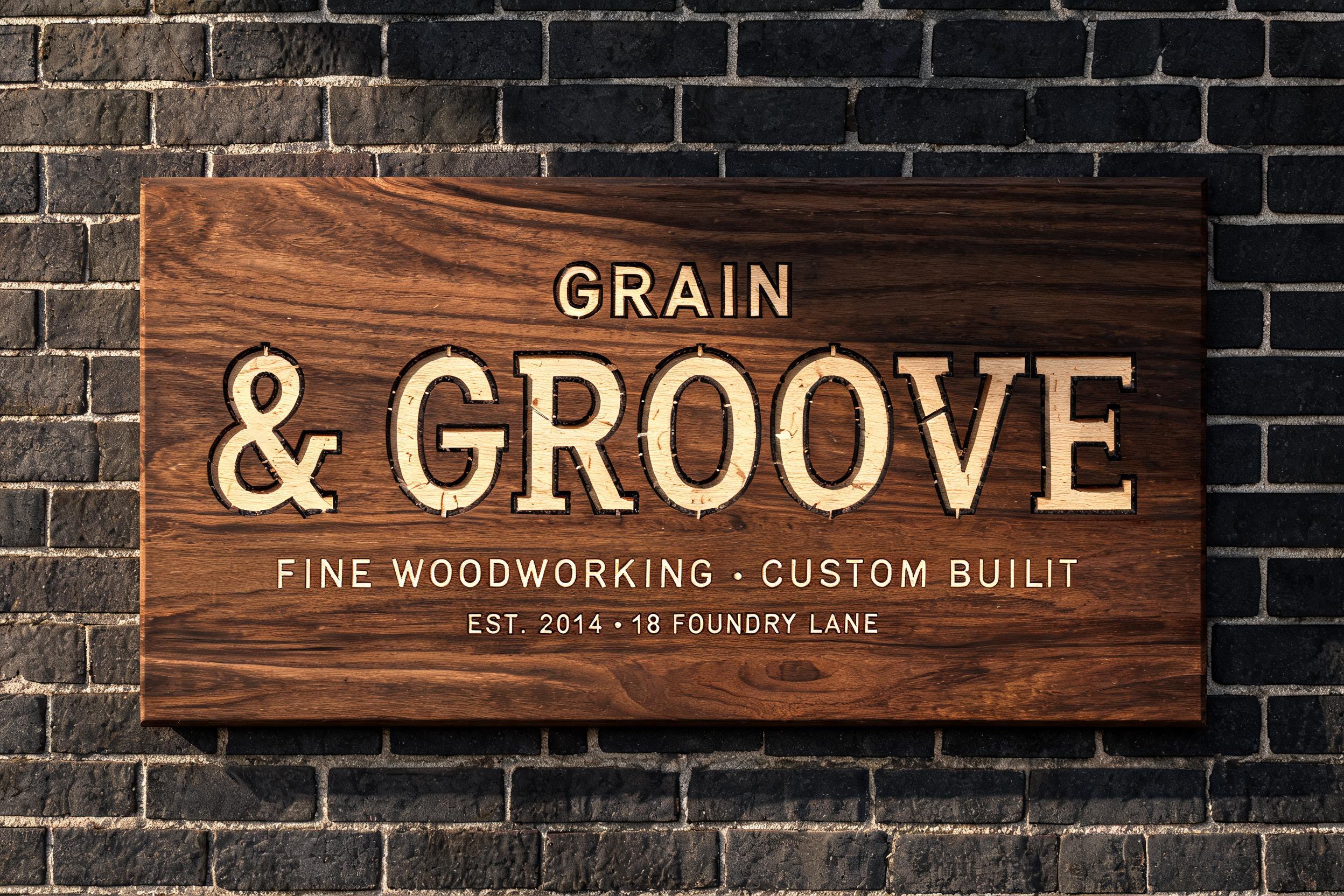 "GRAIN
& GROOVE
FINE WOODWORKING · CUSTOM BUILT
EST. 2014 · 18 FOUNDRY LANE" — Laser Cut | AI Text Effect Generator