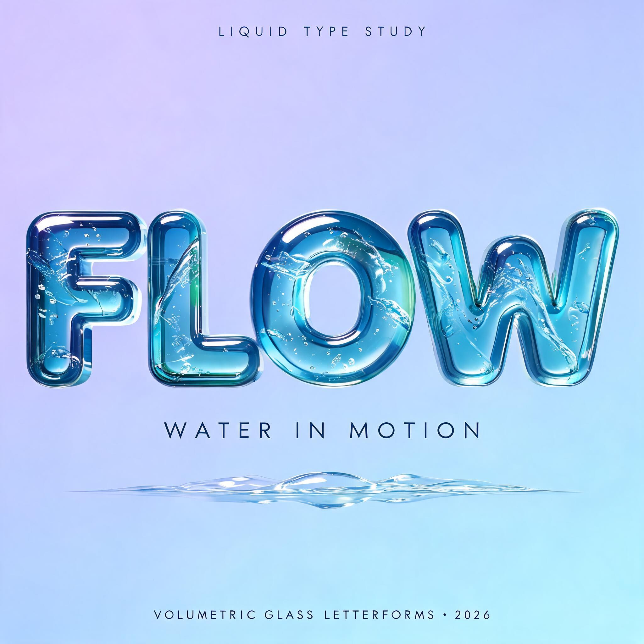 "FLOW
WATER IN MOTION
LIQUID TYPE STUDY
VOLUMETRIC GLASS LETTERFORMS · 2026" — Glass Liquid | AI Text Effect Generator