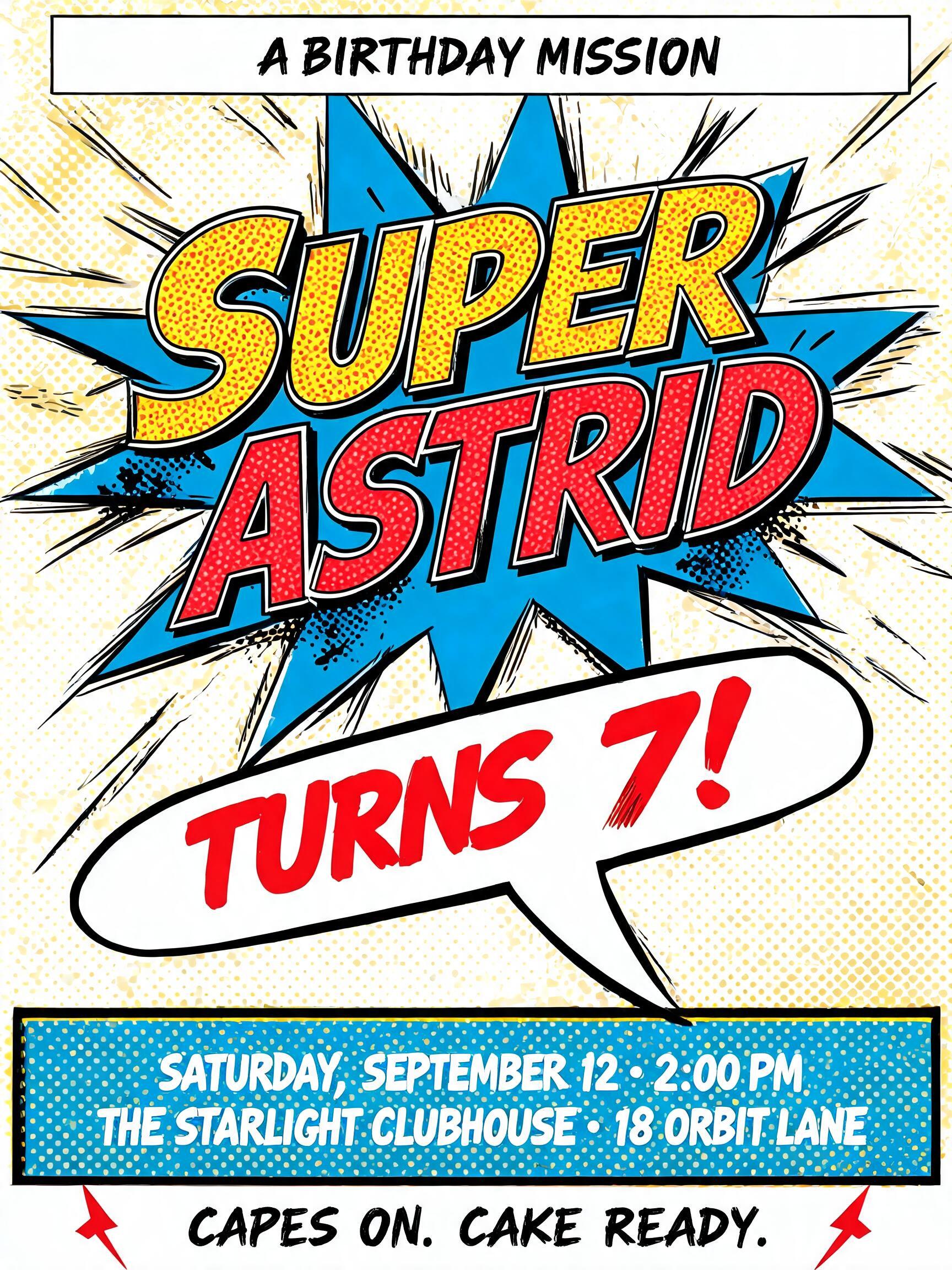 "SUPER ASTRID
TURNS 7!
A BIRTHDAY MISSION
SATURDAY, SEPTEMBER 12 · 2:00 PM
THE STARLIGHT CLUBHOUSE · 18 ORBIT LANE
CAPES ON. CAKE READY." — Comic Book | AI Text Effect Generator