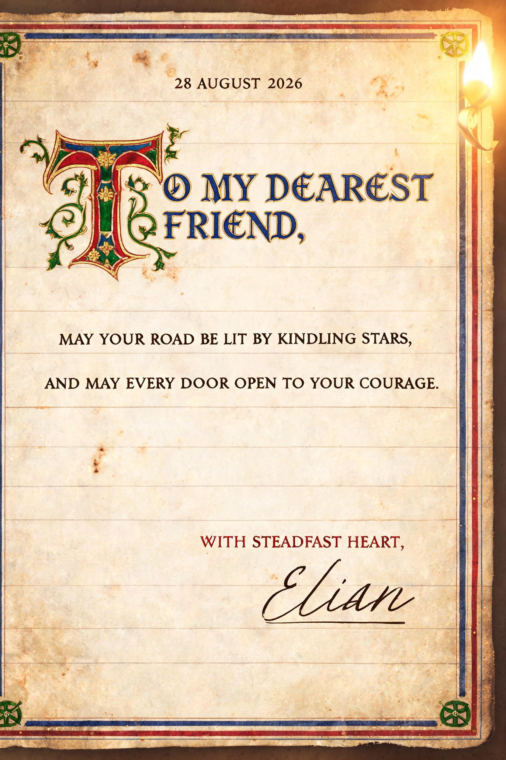 "28 AUGUST 2026
TO MY DEAREST FRIEND,
MAY YOUR ROAD BE LIT BY KINDLING STARS,
AND MAY EVERY DOOR OPEN TO YOUR COURAGE.
WITH STEADFAST HEART,
ELIAN" — Medieval | AI Text Effect Generator