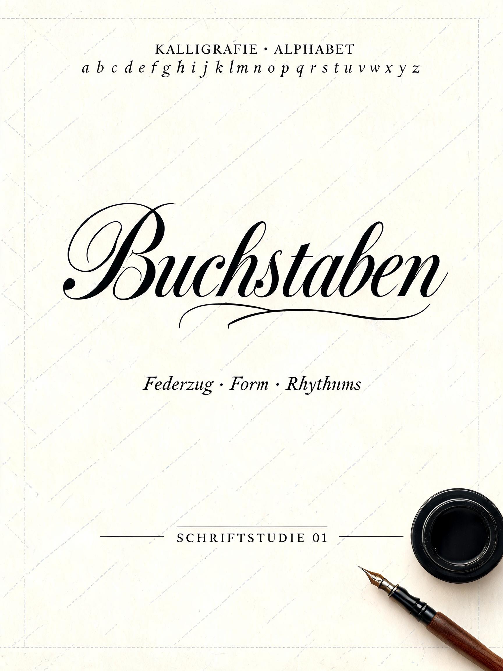 "Buchstaben
KALLIGRAFIE · ALPHABET
a b c d e f g h i j k l m n o p q r s t u v w x y z
Federzug · Form · Rhythmus
SCHRIFTSTUDIE 01" — Cursive Calligraphy | AI Text Effect Generator