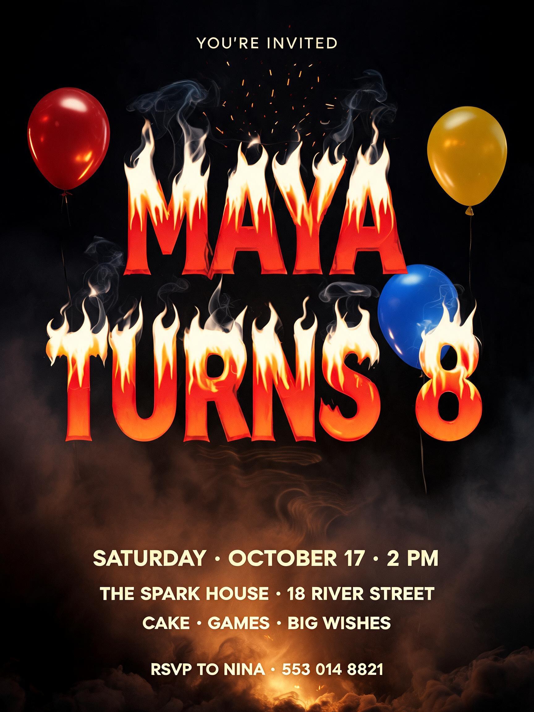 "MAYA
TURNS 8
YOU’RE INVITED
SATURDAY · OCTOBER 17 · 2 PM
THE SPARK HOUSE · 18 RIVER STREET
CAKE · GAMES · BIG WISHES
RSVP TO NINA · 555 014 8821" — Fire Smoke text effect