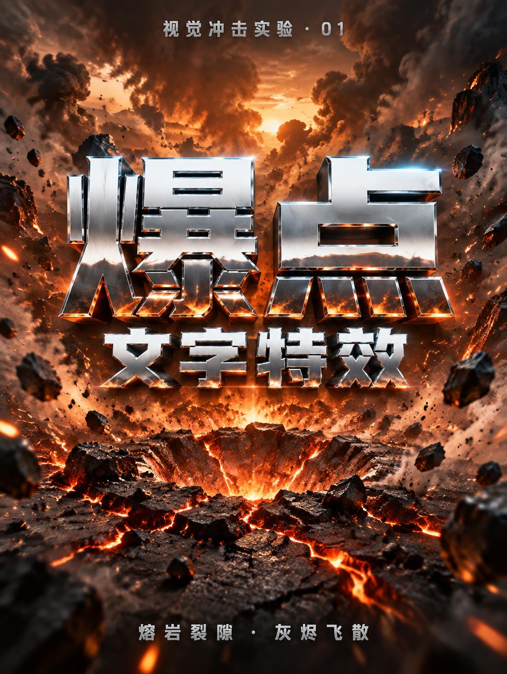 "视觉冲击实验 · 01
爆点
文字特效
熔岩裂隙 · 灰烬飞散" — Post Apocalyptic | AI Text Effect Generator