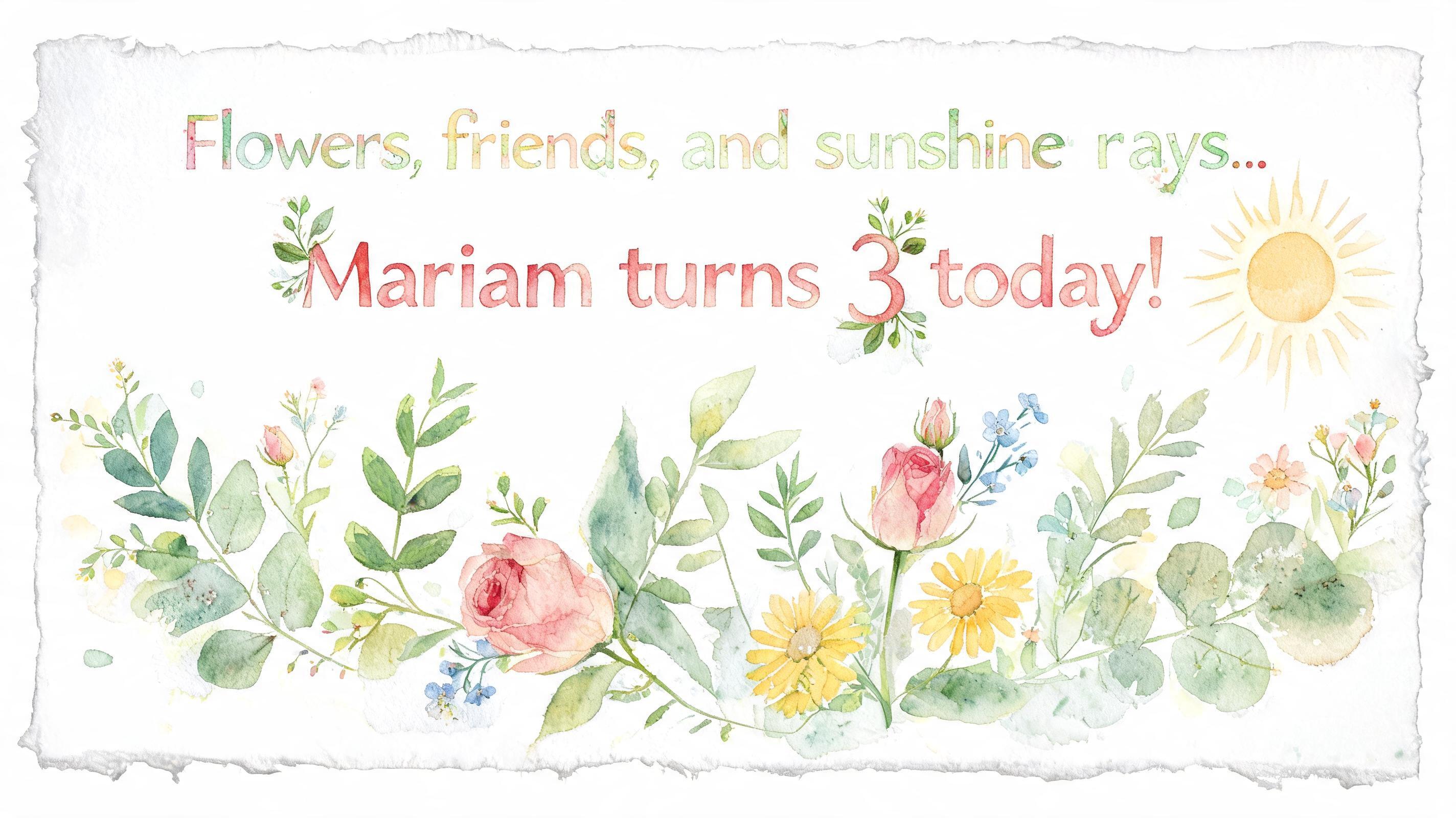 "Flowers, friends, and sunshine rays ... Mariam turns 3 today!" — Watercolor | AI Text Effect Generator