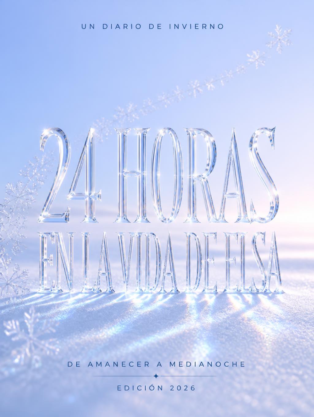 "24 HORAS EN LA VIDA DE ELSA
UN DIARIO DE INVIERNO
DE AMANECER A MEDIANOCHE
EDICIÓN 2026" — Glass | AI Text Effect Generator