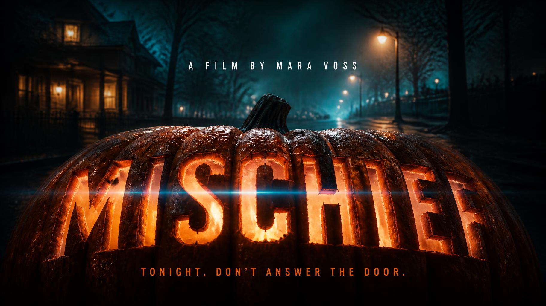 "MISCHIEF
A FILM BY MARA VOSS
TONIGHT, DON’T ANSWER THE DOOR." — Cinematic Netflix | AI Text Effect Generator