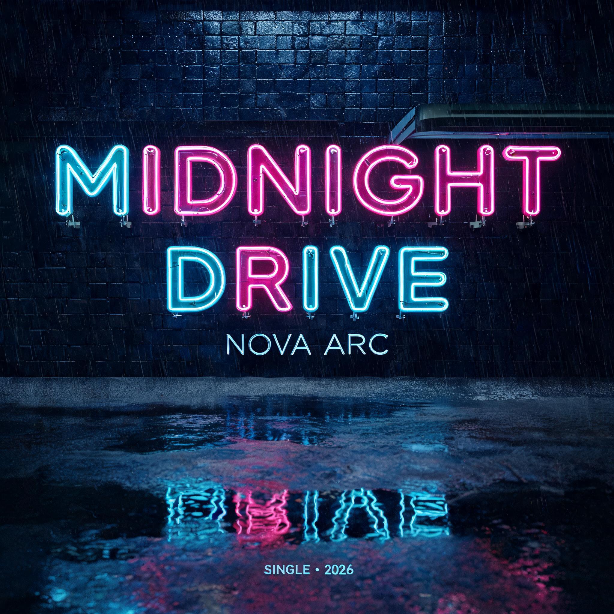 "MIDNIGHT
DRIVE
NOVA ARC
SINGLE • 2026" — Neon Glow | AI Text Effect Generator