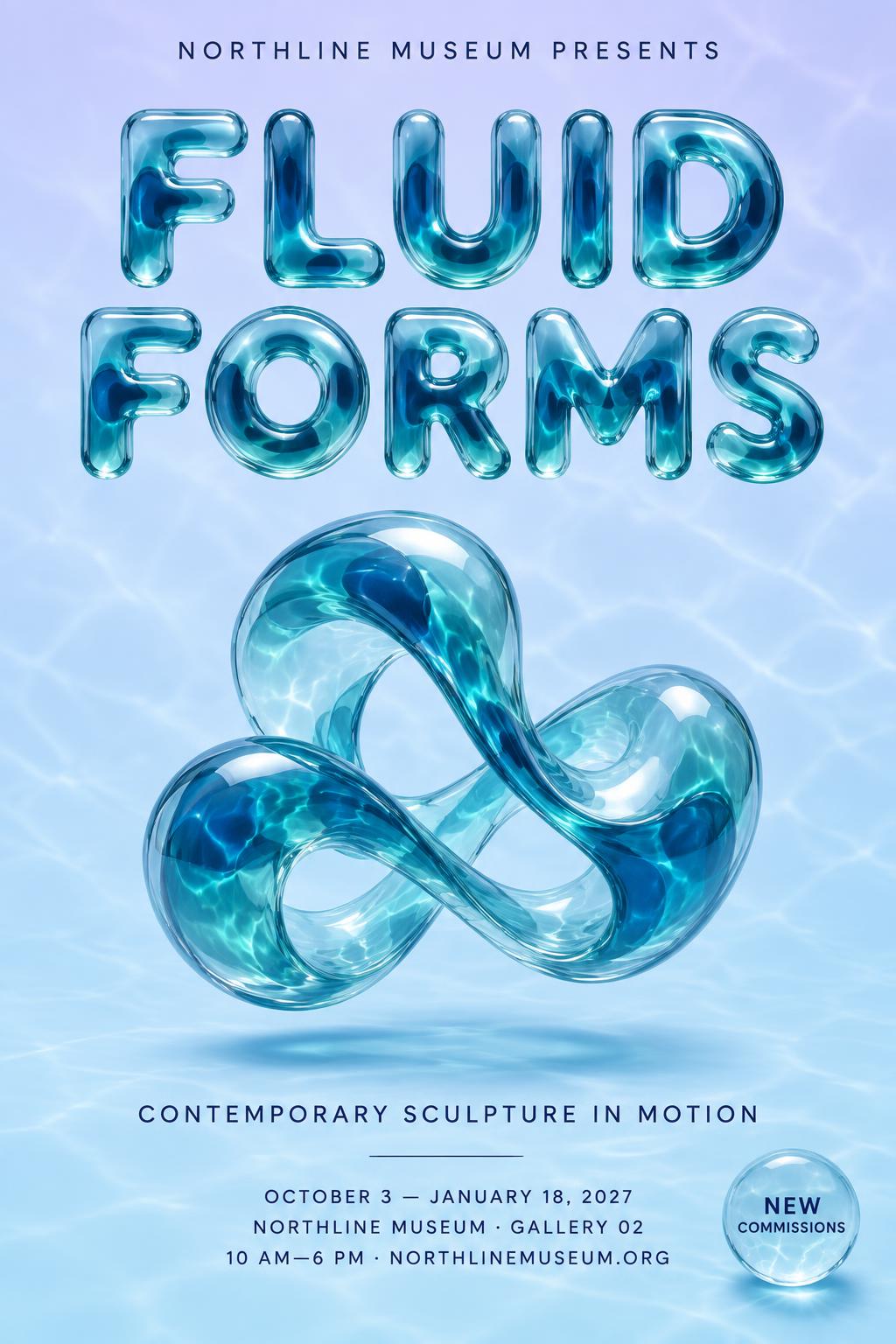 FLUID
FORMS
NORTHLINE MUSEUM PRESENTS
CONTEMPORARY SCULPTURE IN MOTION
OCTOBER 3 — JANUARY 18, 2027
NORTHLINE MUSEUM · GALLERY 02
10 AM—6 PM · NORTHLINEMUSEUM.ORG
NEW COMMISSIONS