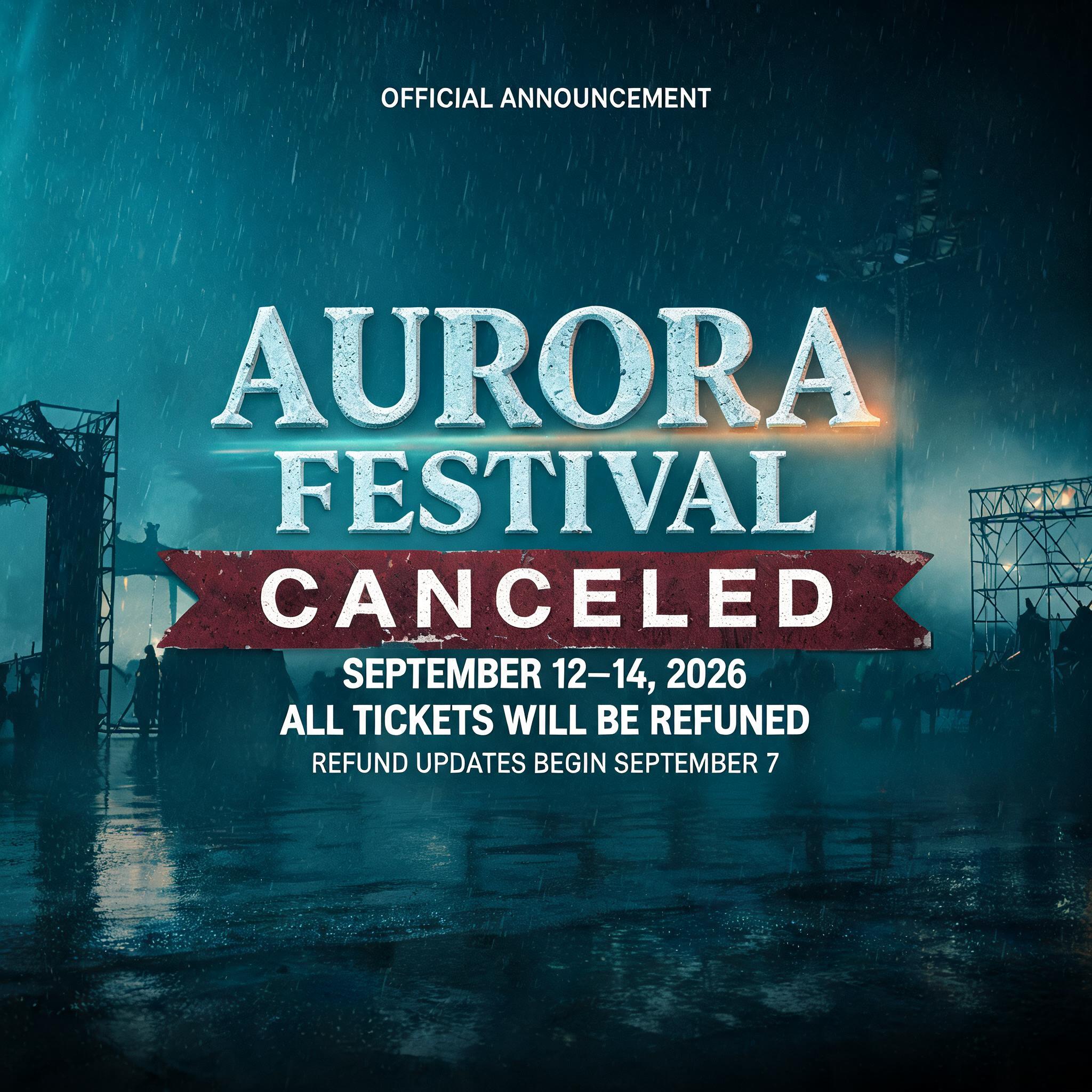 "OFFICIAL ANNOUNCEMENT
AURORA
FESTIVAL
CANCELED
SEPTEMBER 12–14, 2026
ALL TICKETS WILL BE REFUNDED
REFUND UPDATES BEGIN SEPTEMBER 7" — Cinematic | AI Text Effect Generator