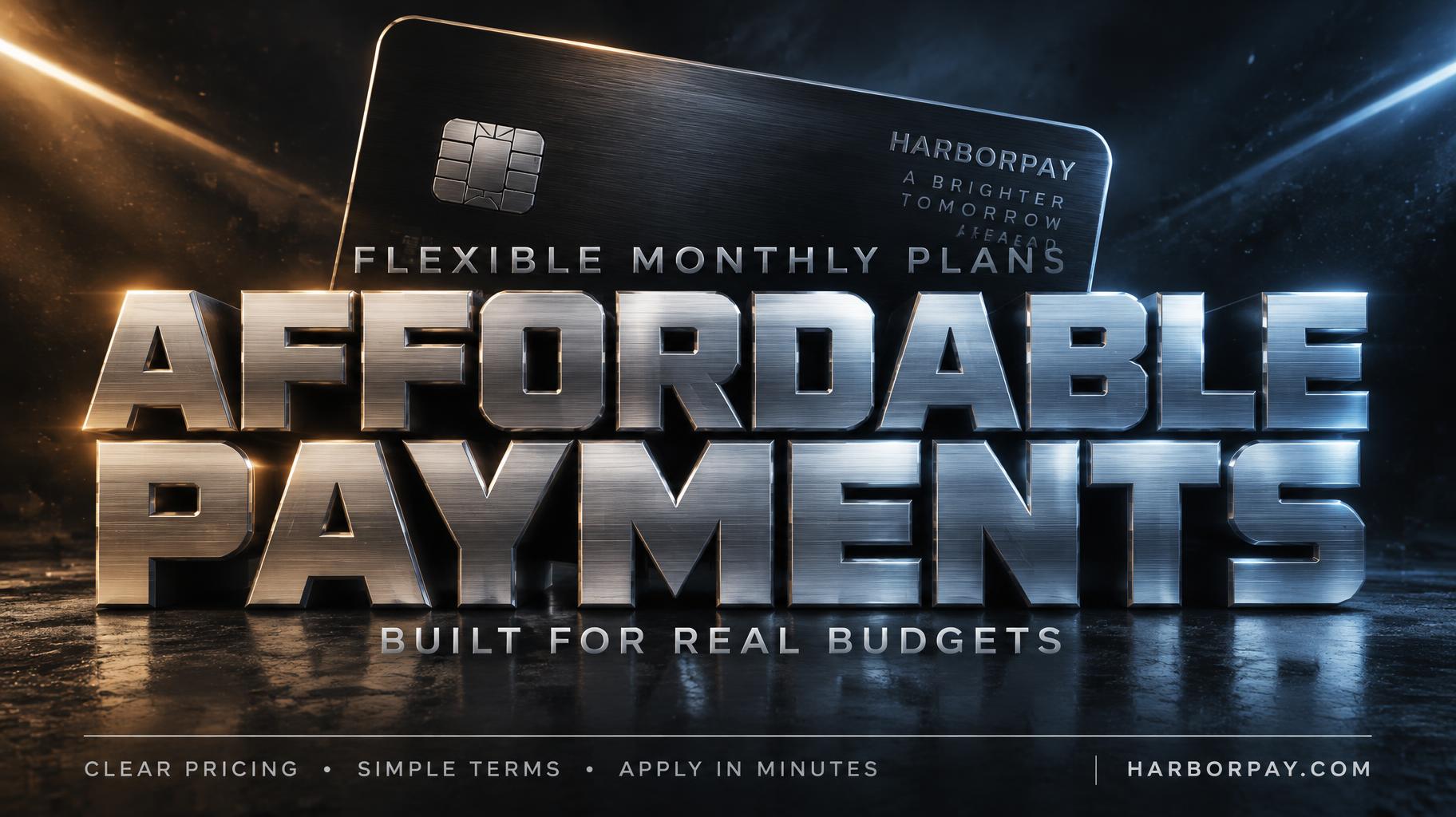 "AFFORDABLE
PAYMENTS
FLEXIBLE MONTHLY PLANS
BUILT FOR REAL BUDGETS
CLEAR PRICING  •  SIMPLE TERMS  •  APPLY IN MINUTES
HARBORPAY.COM" — Metallic | AI Text Effect Generator