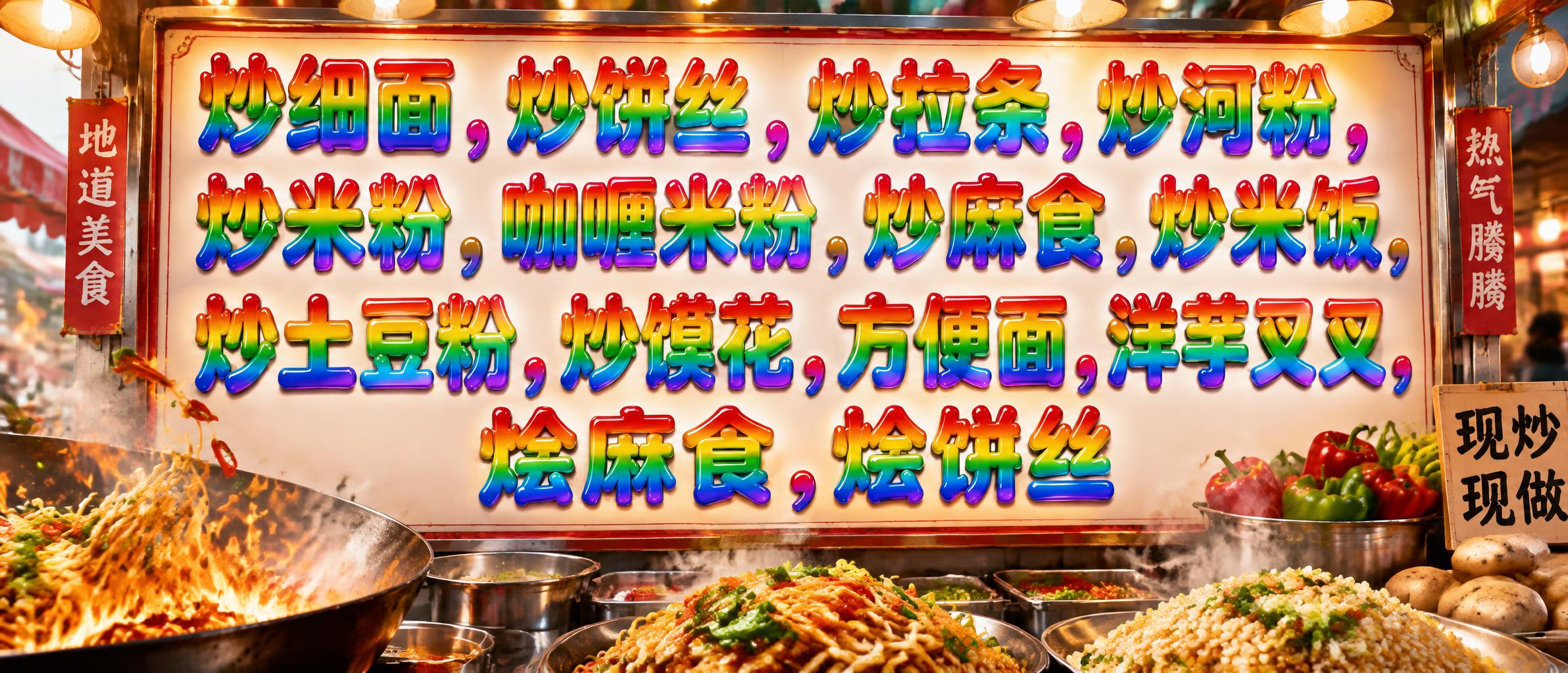 "炒细面，炒饼丝，炒拉条，炒河粉，炒米粉，咖喱米粉，炒麻食，炒米饭，炒土豆粉，炒馍花，方便面，洋芋叉叉，烩麻食，烩饼丝" — Rainbow | AI Text Effect Generator