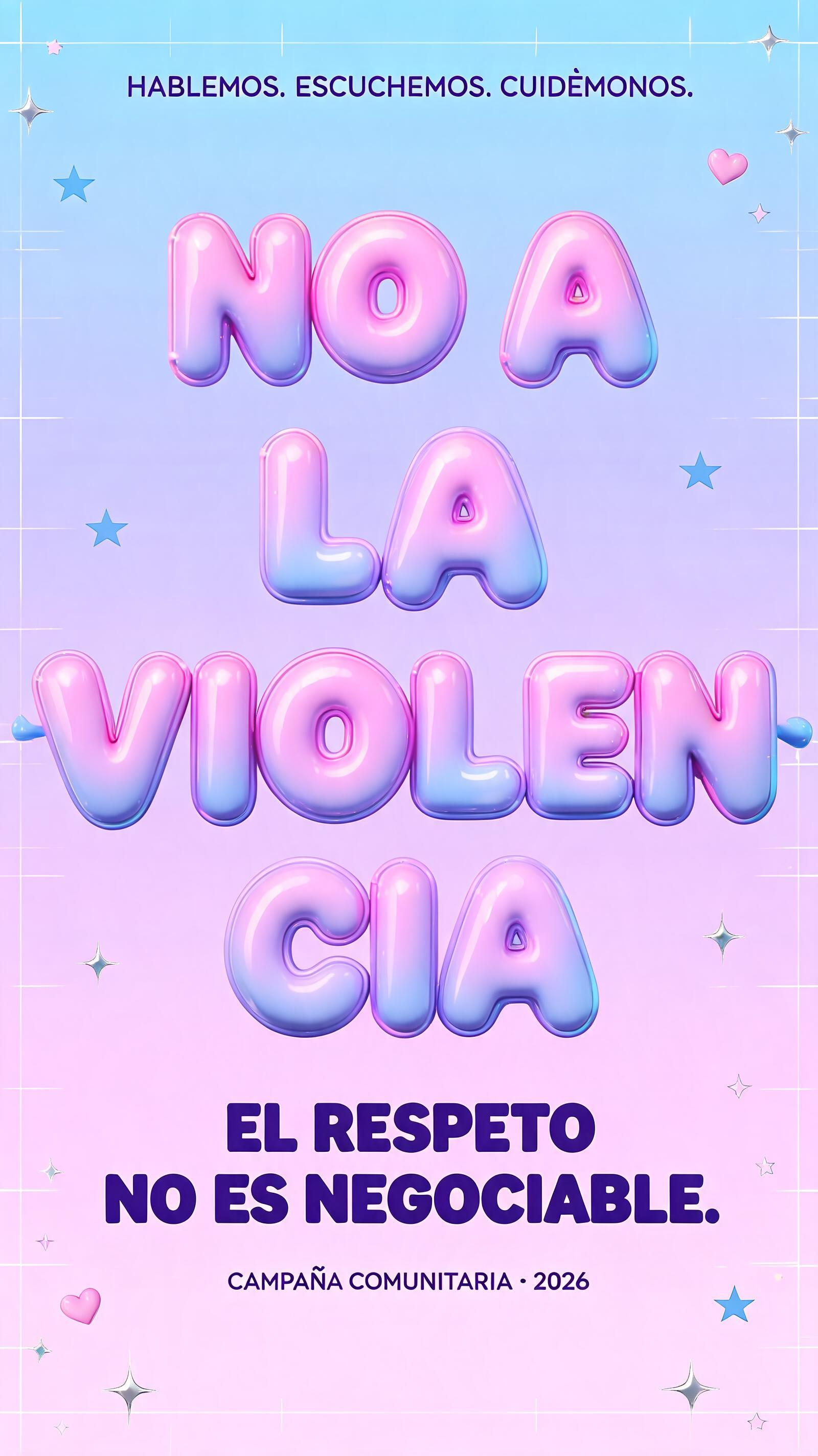 "NO A
LA
VIOLENCIA
HABLEMOS. ESCUCHEMOS. CUIDÉMONOS.
EL RESPETO NO ES NEGOCIABLE.
CAMPAÑA COMUNITARIA · 2026" — Y2k Bubbly | AI Text Effect Generator