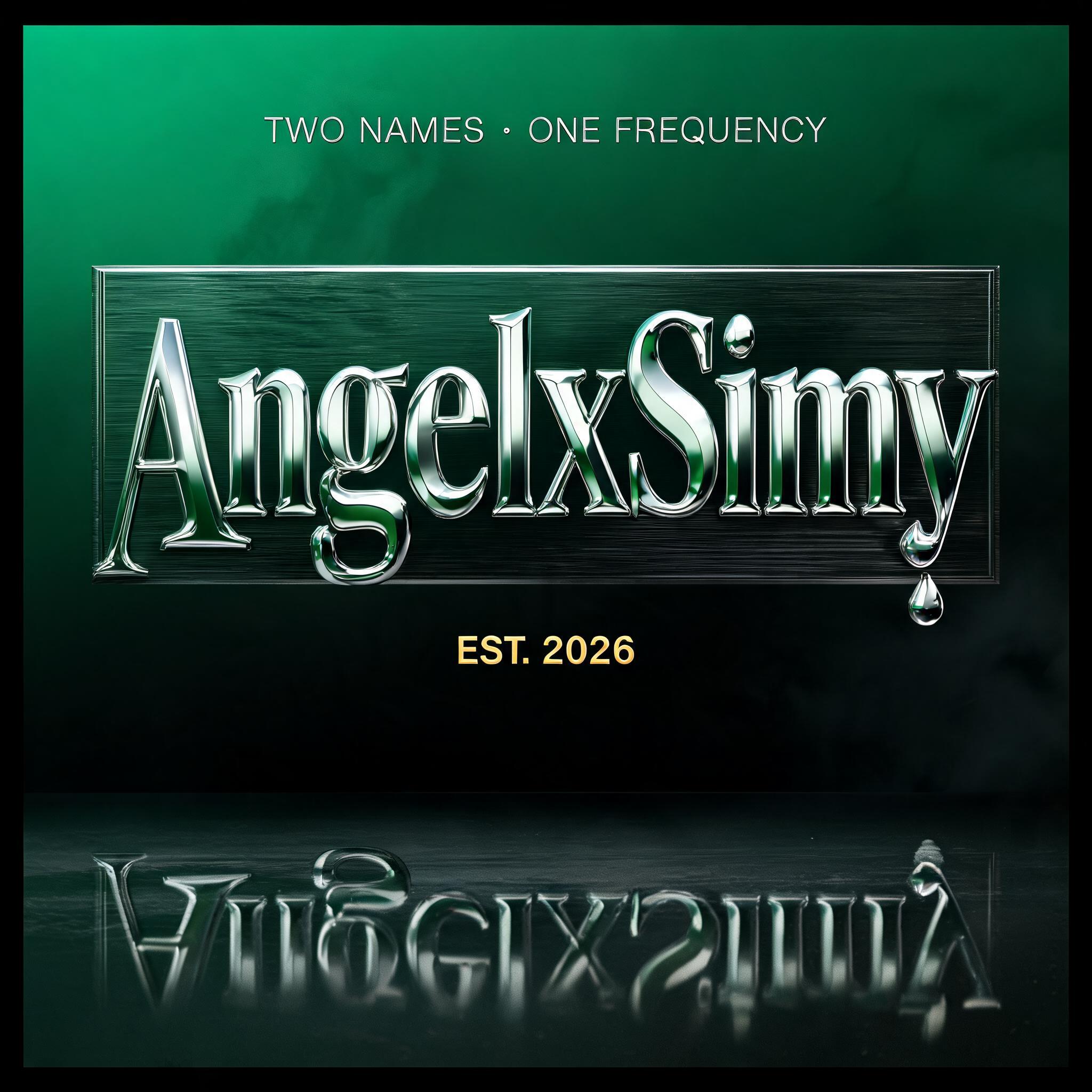"AngelxSimy
TWO NAMES · ONE FREQUENCY
EST. 2026" — Metallic | AI Text Effect Generator