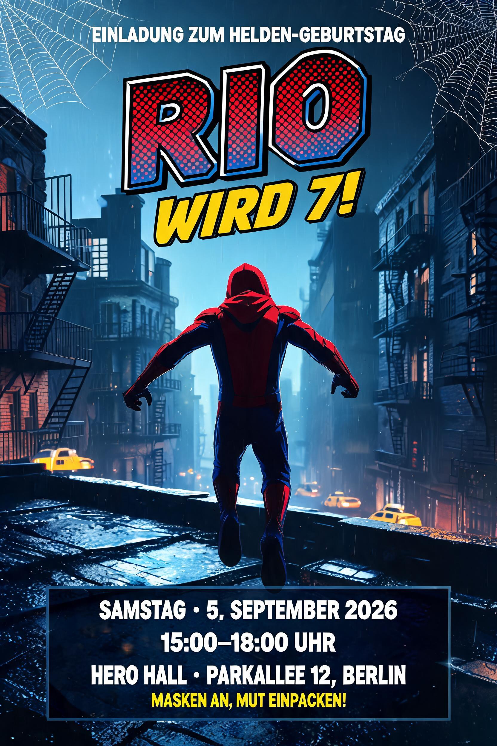 "Eine Helden-Einladung mit "Rio"" — Spider Hero | AI Text Effect Generator