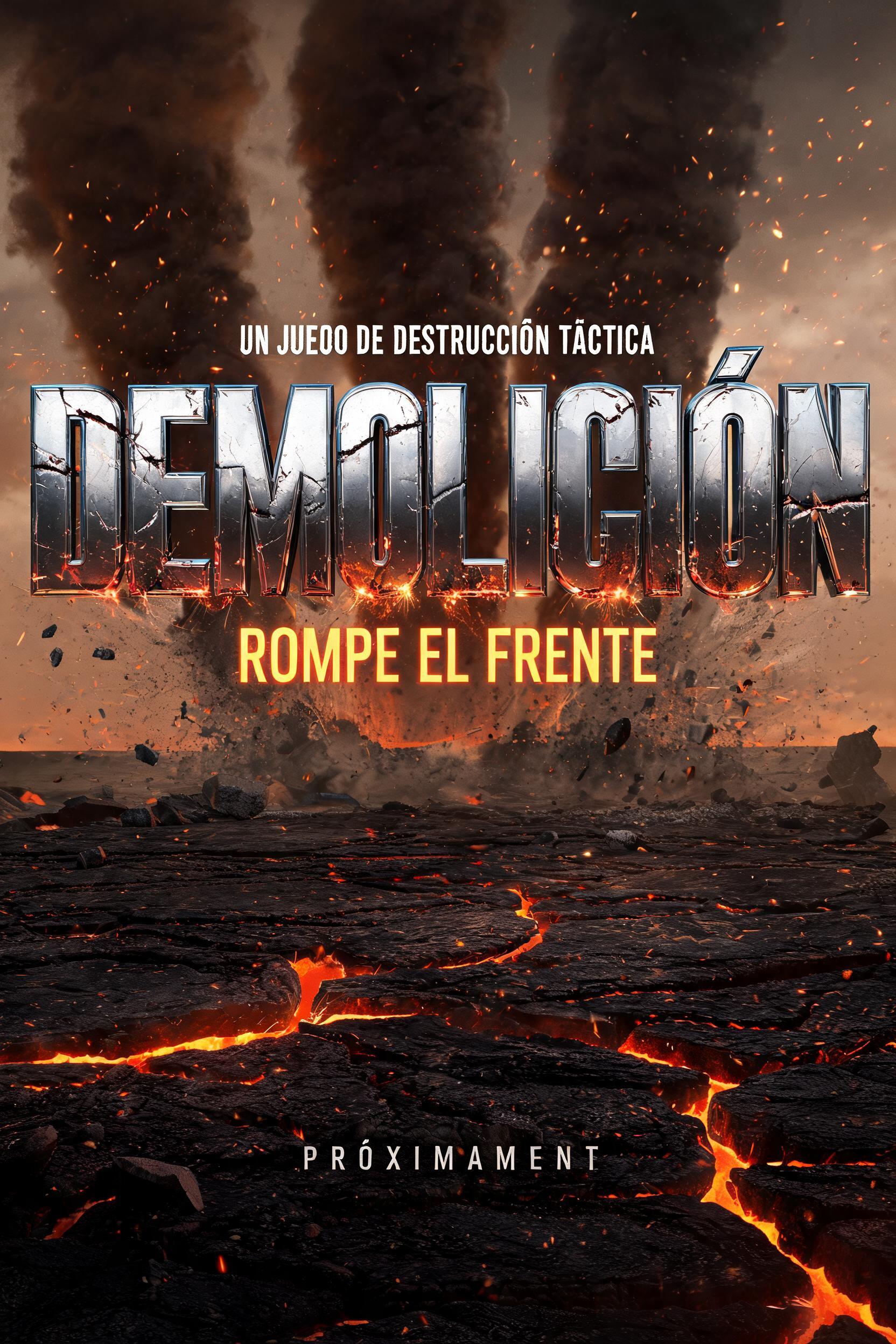 "DEMOLICIÓN
UN JUEGO DE DESTRUCCIÓN TÁCTICA
ROMPE EL FRENTE
PRÓXIMAMENTE" — Post Apocalyptic text effect