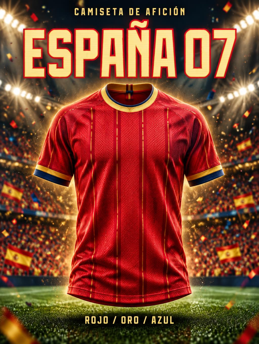 "ESPAÑA 07
CAMISETA DE AFICIÓN
ROJO / ORO / AZUL" — Sports Football | AI Text Effect Generator