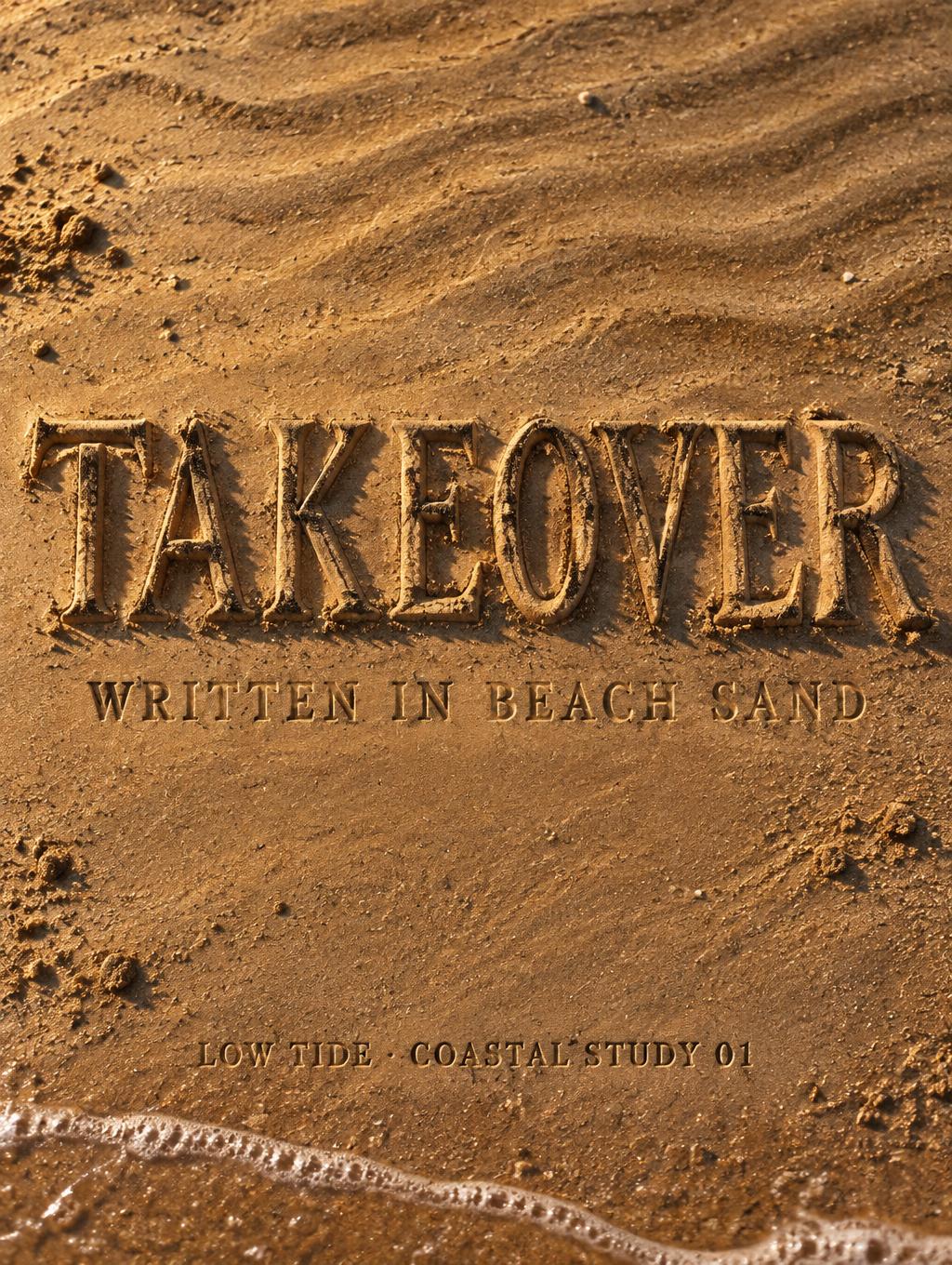 "TAKEOVER
WRITTEN IN BEACH SAND
LOW TIDE · COASTAL STUDY 01" — Sand Stone | AI Text Effect Generator