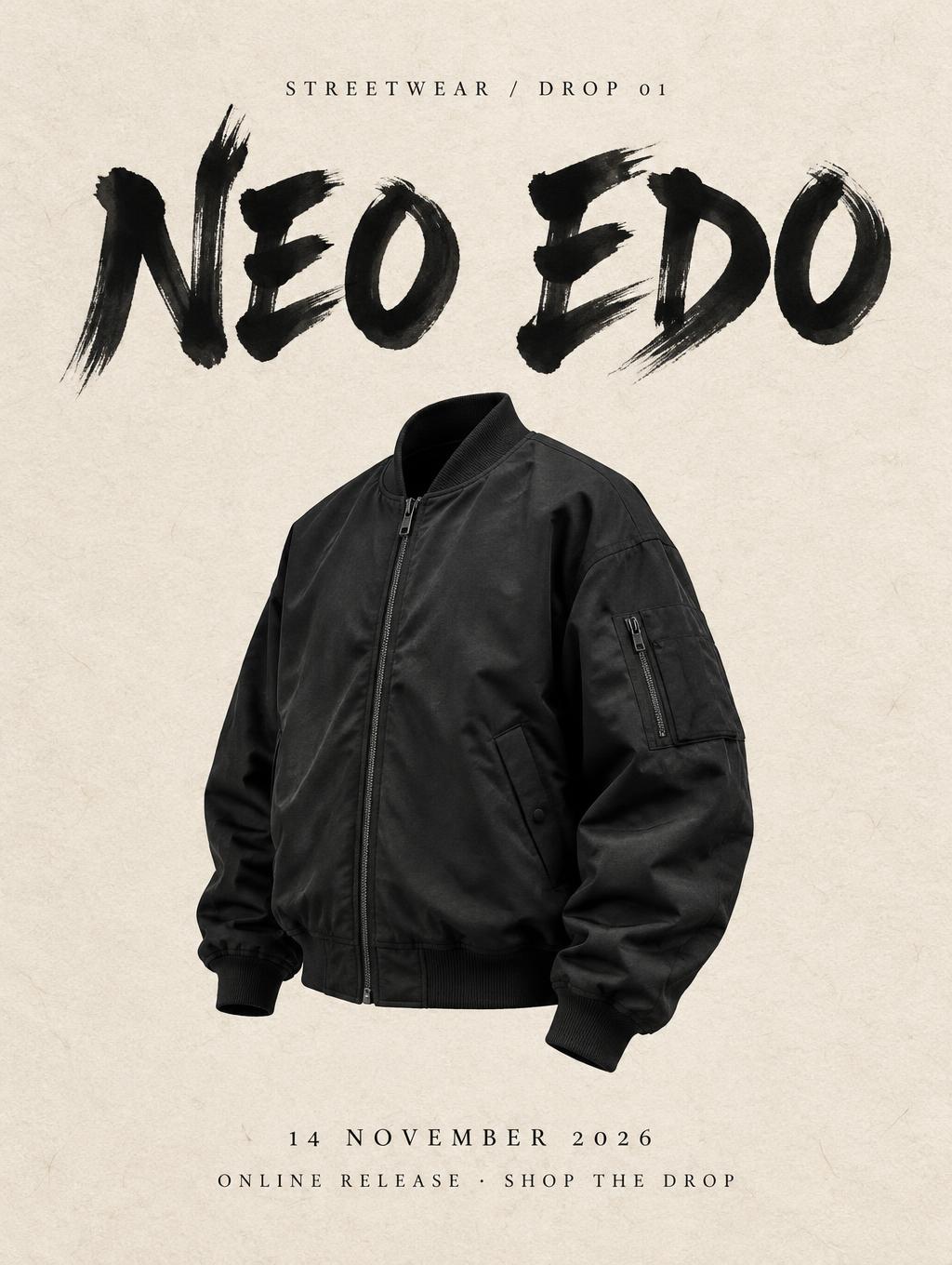 "NEO EDO
STREETWEAR / DROP 01
14 NOVEMBER 2026
ONLINE RELEASE · SHOP THE DROP" — Brush Japanese Ink | AI Text Effect Generator
