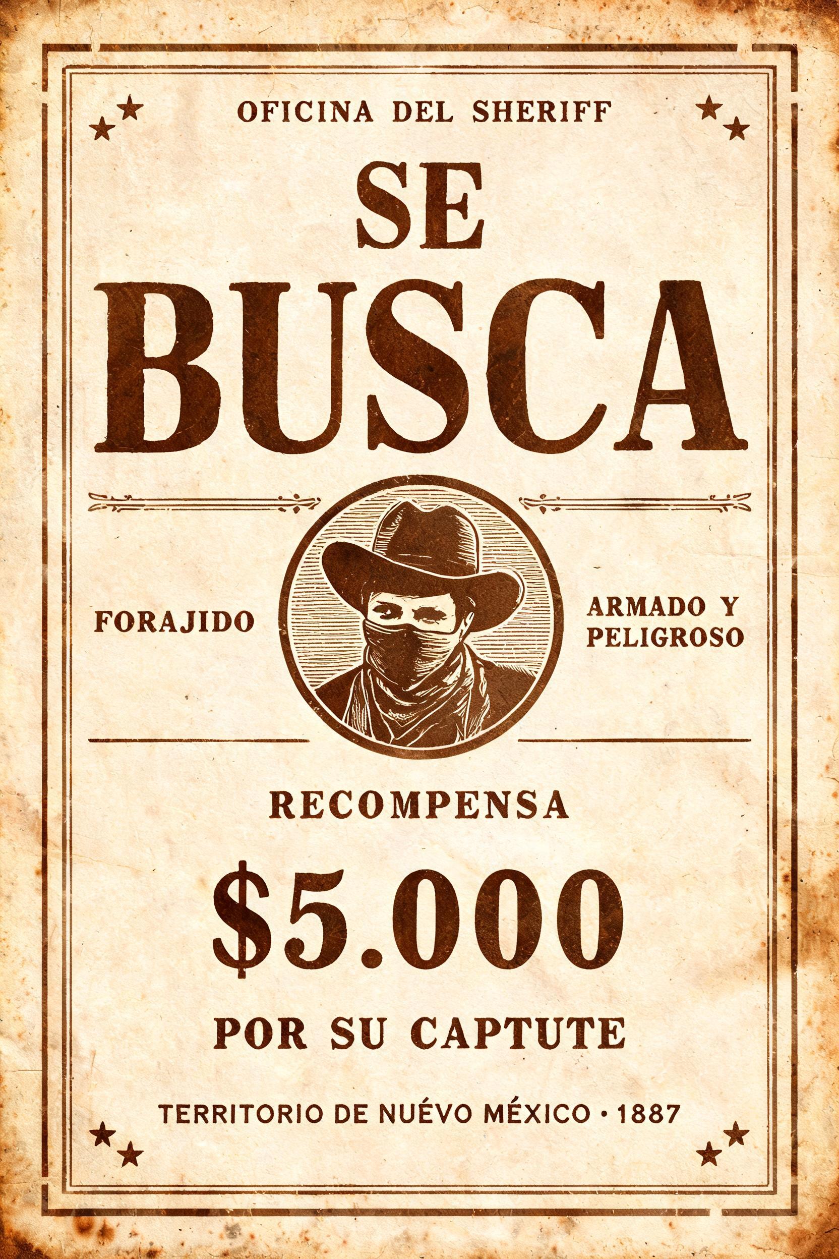 "SE BUSCA
OFICINA DEL SHERIFF
FORAJIDO
ARMADO Y PELIGROSO
RECOMPENSA
$5.000
POR SU CAPTURA
TERRITORIO DE NUEVO MÉXICO · 1887" — Vintage | AI Text Effect Generator