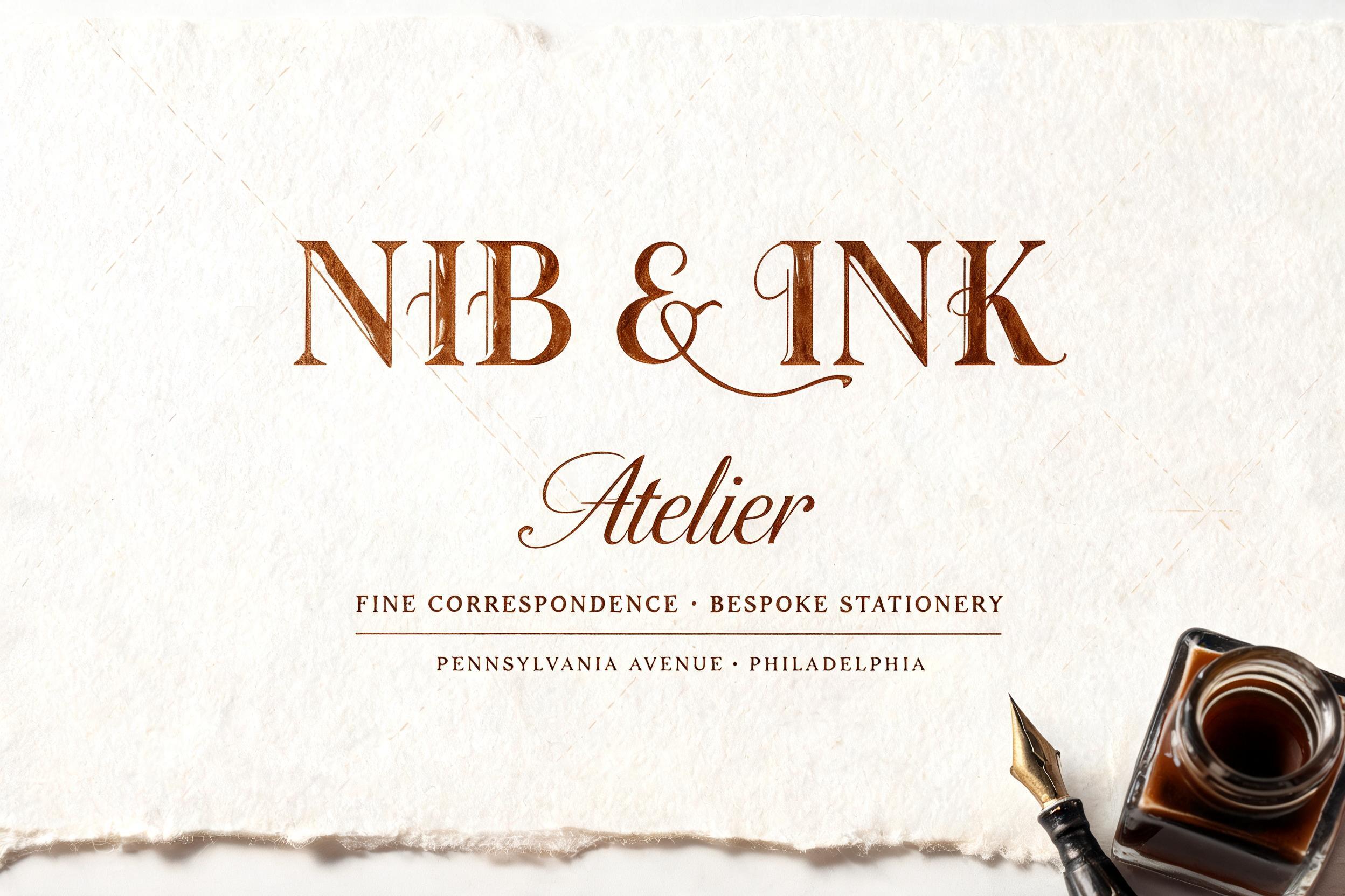 "NIB & INK
Atelier
FINE CORRESPONDENCE · BESPOKE STATIONERY
PENNSYLVANIA AVENUE · PHILADELPHIA" — Cursive Calligraphy | AI Text Effect Generator