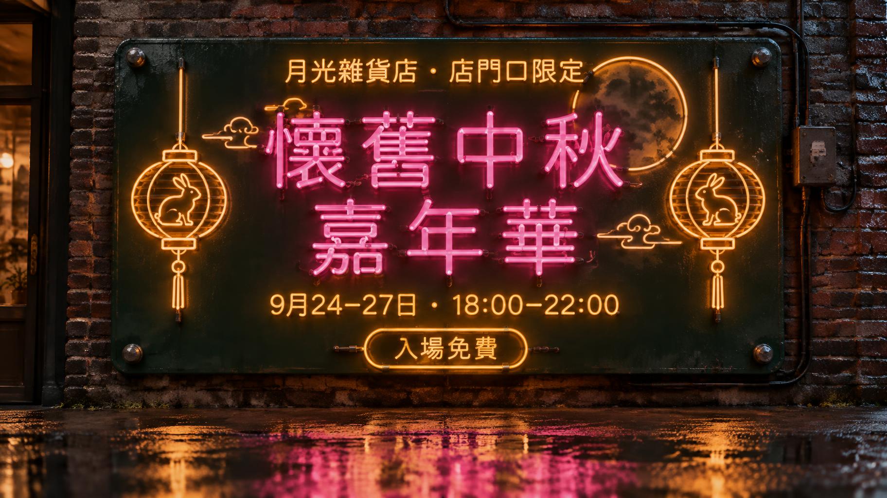 "懷舊中秋嘉年華
月光雜貨店 · 店門口限定
9月24–27日 · 18:00–22:00
入場免費" — Neon Sign | AI Text Effect Generator