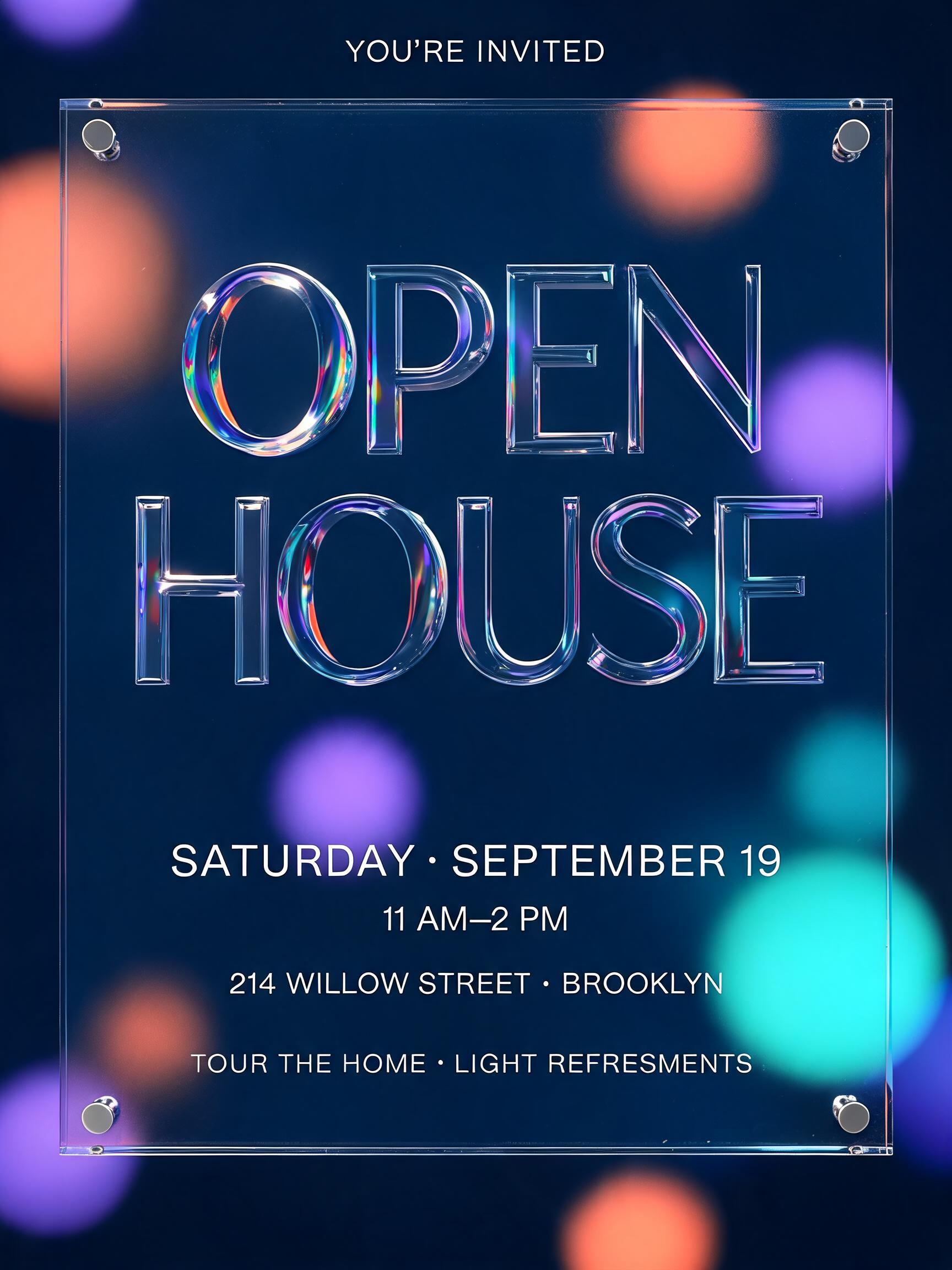 "OPEN
HOUSE
YOU’RE INVITED
SATURDAY · SEPTEMBER 19
11 AM–2 PM
214 WILLOW STREET · BROOKLYN
TOUR THE HOME · LIGHT REFRESHMENTS" — Glass Morphism text effect