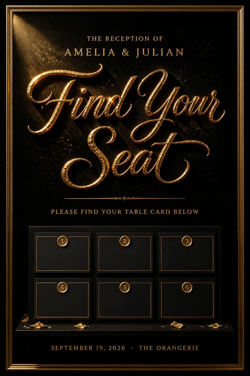 "Find Your Seat
THE RECEPTION OF
Amelia & Julian
PLEASE FIND YOUR TABLE CARD BELOW
SEPTEMBER 19, 2026  ·  THE ORANGERIE" — Luxury Gold | AI Text Effect Generator