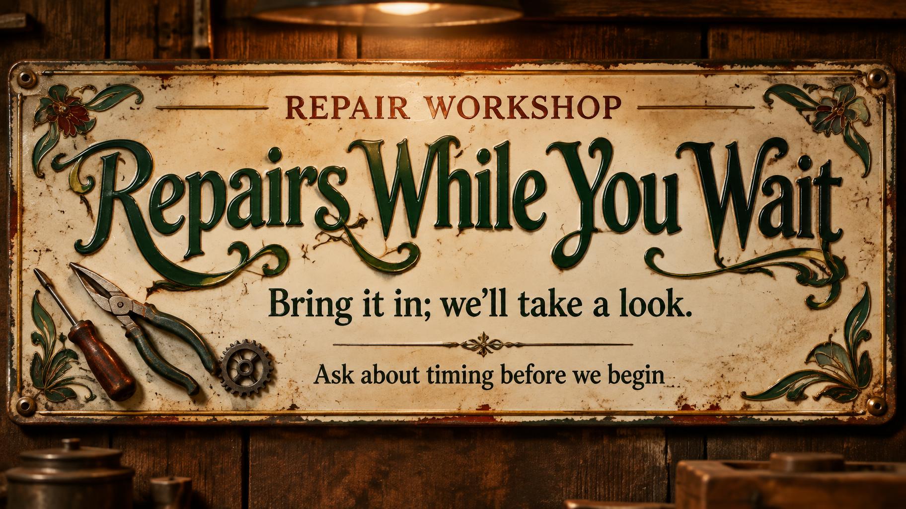 "Repairs While You Wait
REPAIR WORKSHOP
Bring it in; we’ll take a look.
Ask about timing before we begin" — Vintage | AI Text Effect Generator