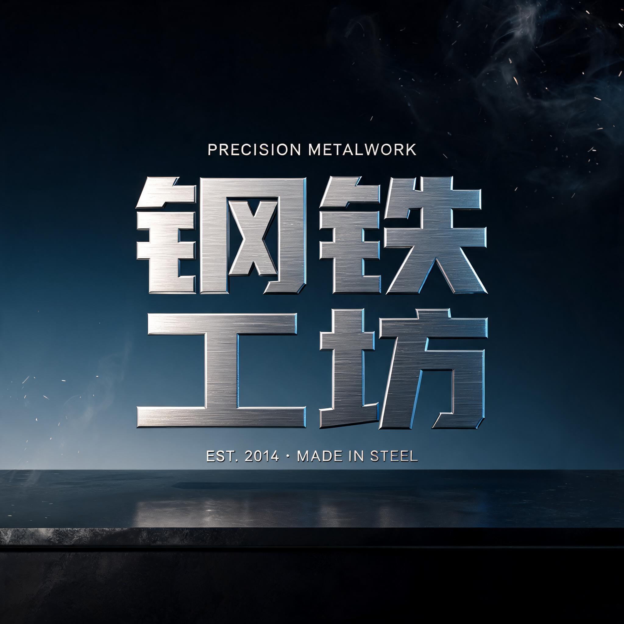 "钢铁
工坊
PRECISION METALWORK
EST. 2014 · MADE IN STEEL" — Metallic | AI Text Effect Generator