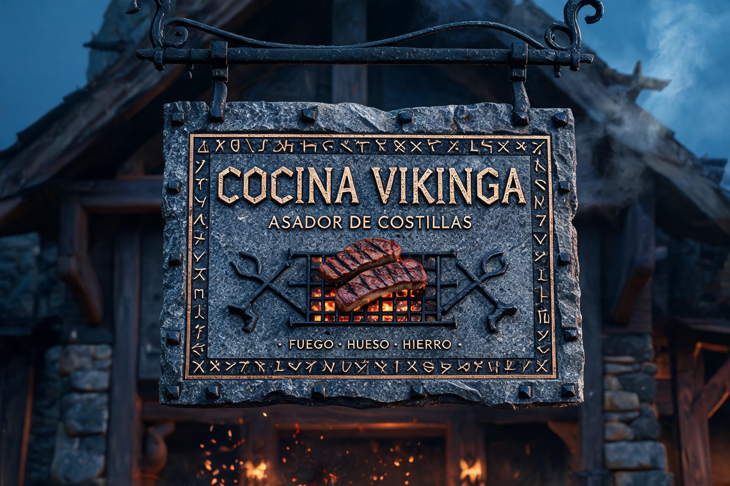 "Cocina Vikinga
ASADOR DE COSTILLAS
FUEGO · HUESO · HIERRO" — Viking | AI Text Effect Generator