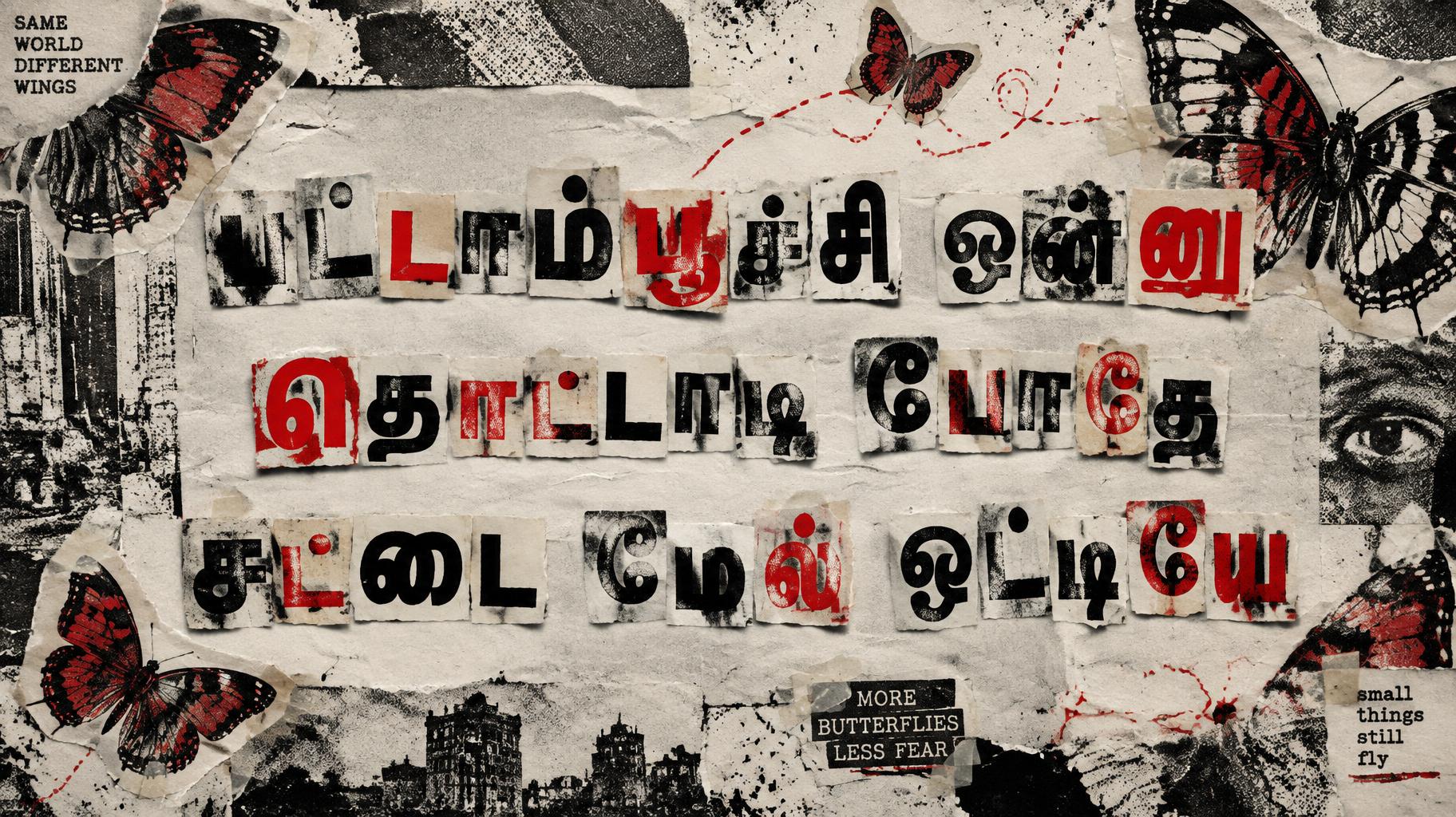 "பட்டாம்பூச்சி ஒன்னு தொட்டாடி போதே சட்டை மேல் ஒட்டியே" — Grunge | AI Text Effect Generator
