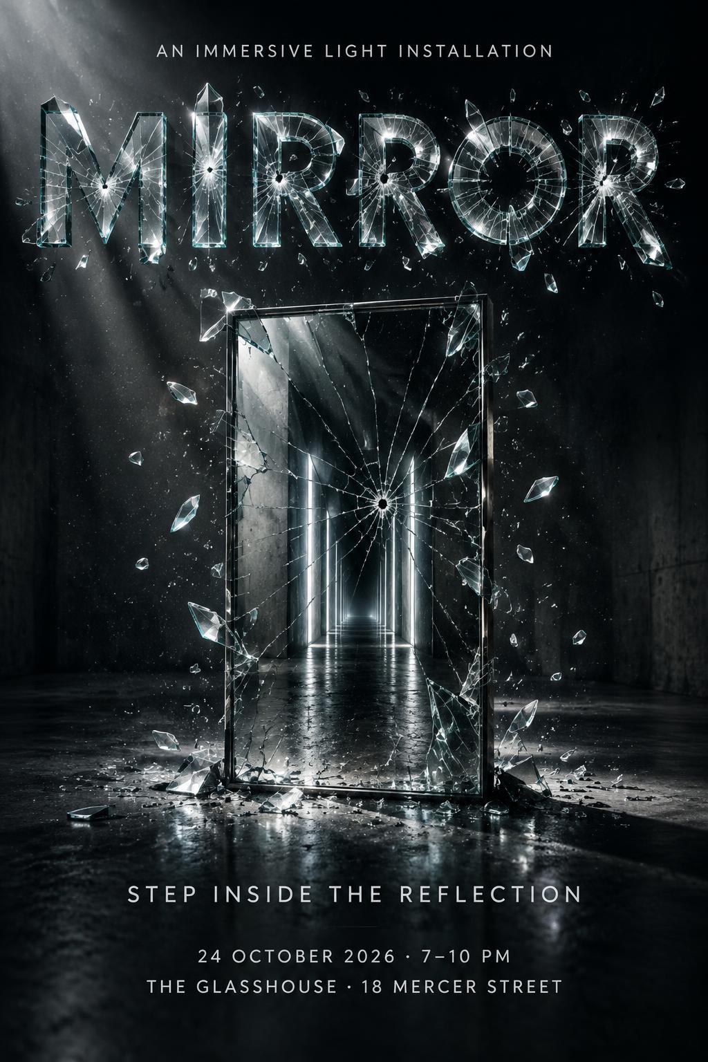 "MIRROR
AN IMMERSIVE LIGHT INSTALLATION
STEP INSIDE THE REFLECTION
24 OCTOBER 2026 · 7–10 PM
THE GLASSHOUSE · 18 MERCER STREET" — Glass Broken text effect