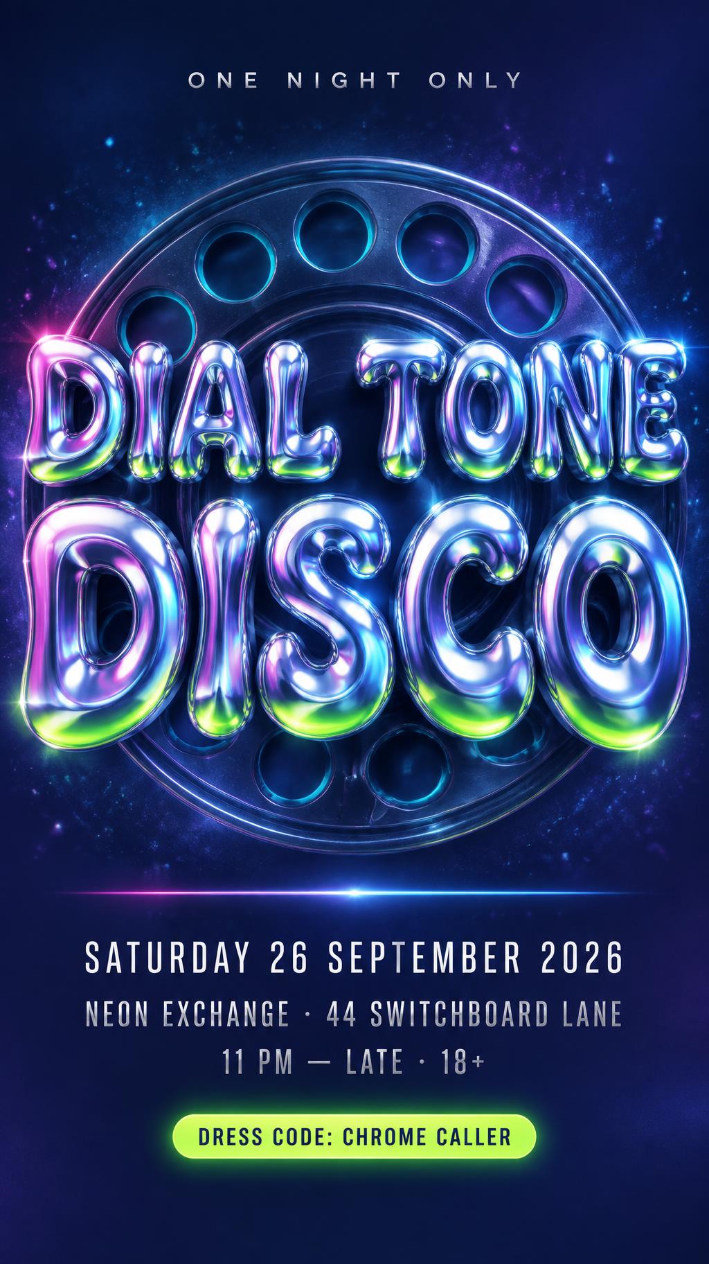 "DIAL TONE
DISCO
ONE NIGHT ONLY
SATURDAY 26 SEPTEMBER 2026
NEON EXCHANGE · 44 SWITCHBOARD LANE
11 PM — LATE · 18+
DRESS CODE: CHROME CALLER" — Y2k | AI Text Effect Generator