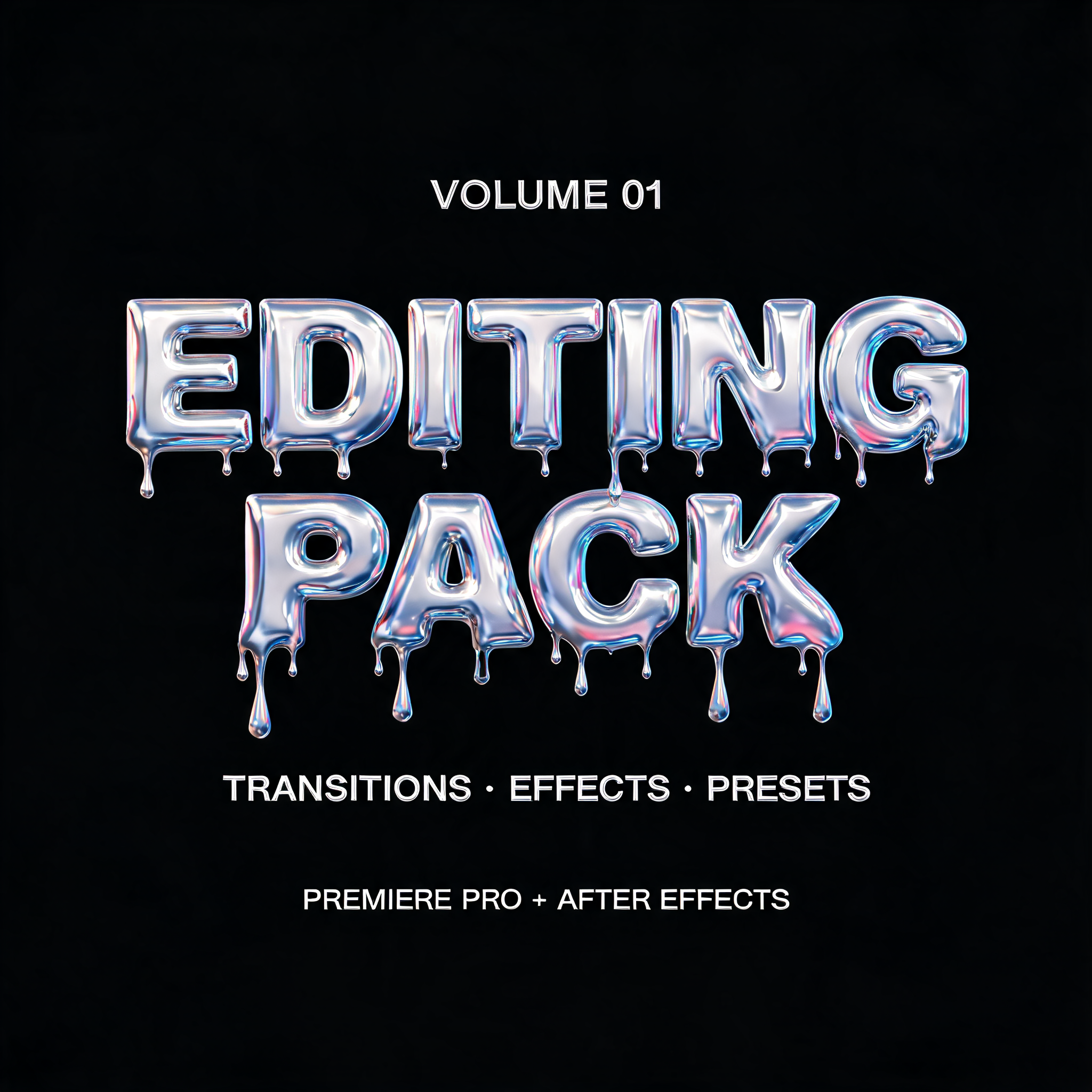 "VOLUME 01
EDITING
PACK
TRANSITIONS · EFFECTS · PRESETS
PREMIERE PRO + AFTER EFFECTS" — Y2k Liquid text effect