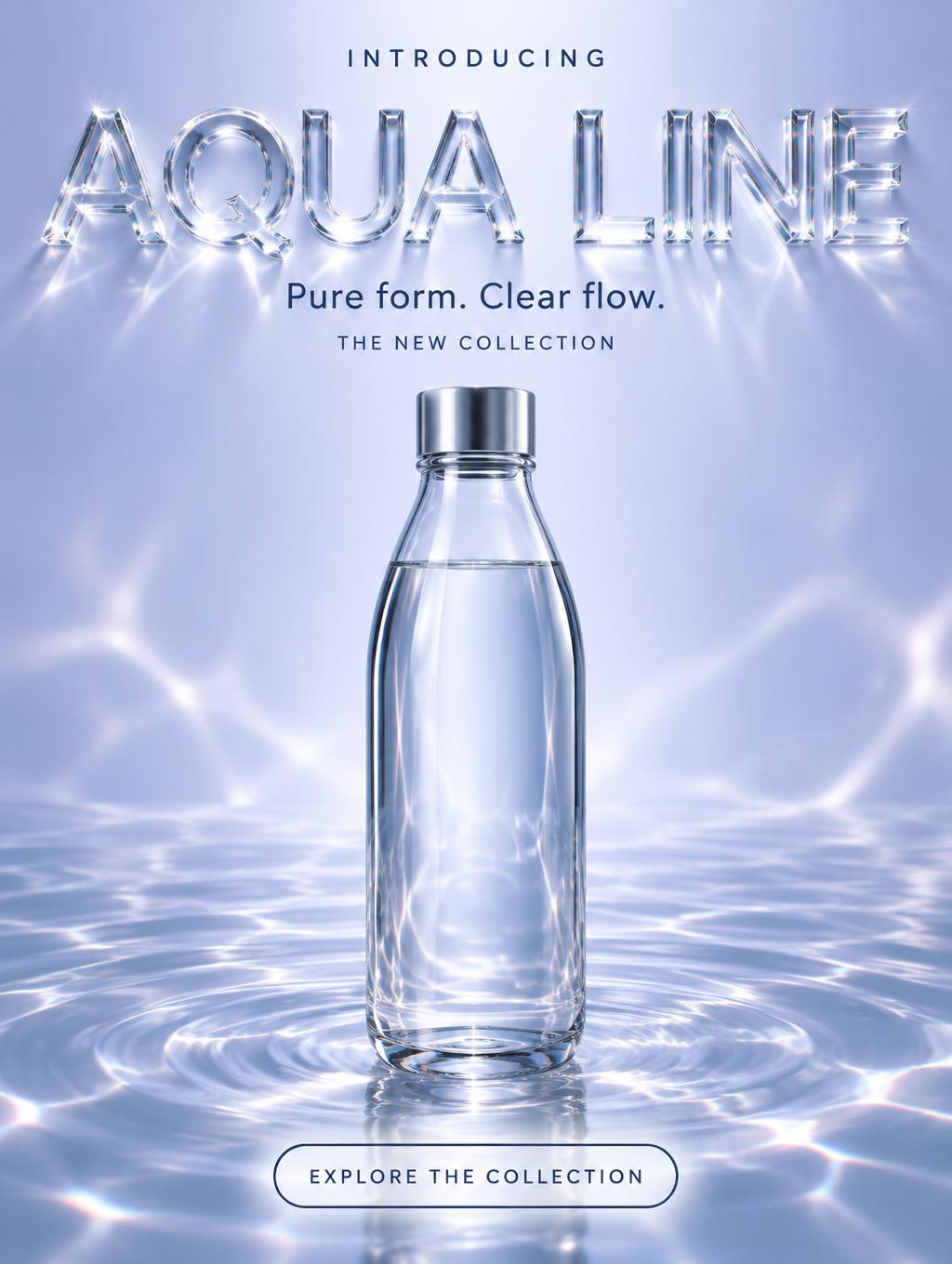 "AQUA LINE
INTRODUCING
Pure form. Clear flow.
THE NEW COLLECTION
EXPLORE THE COLLECTION" — Glass | AI Text Effect Generator